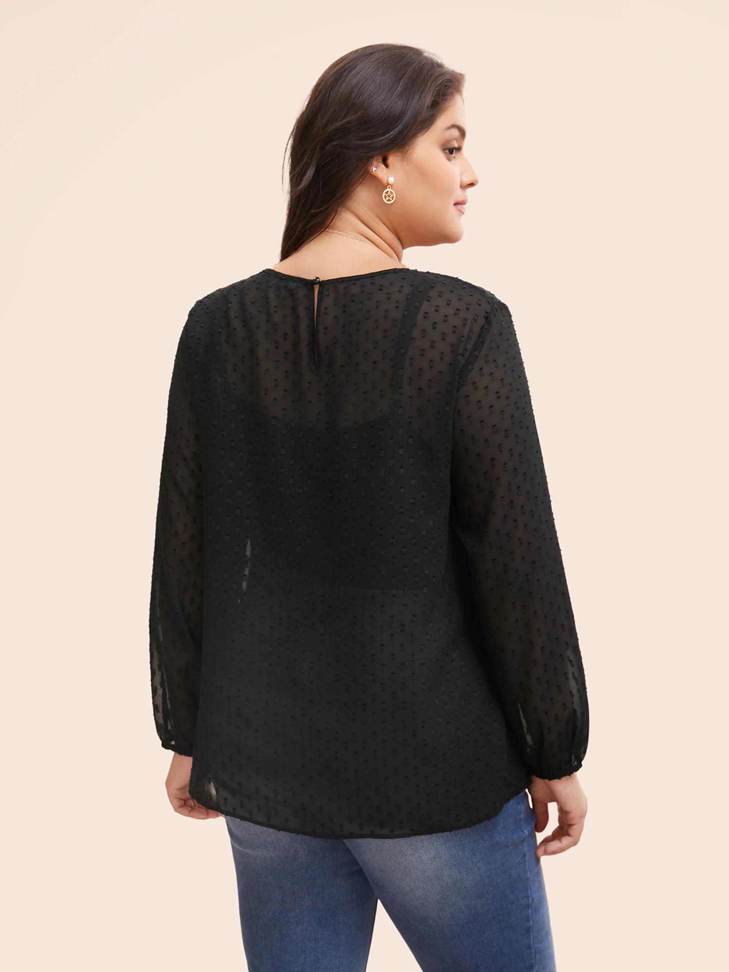 Appliques Mesh Round Neck Lantern Sleeve Blouse - Image 4