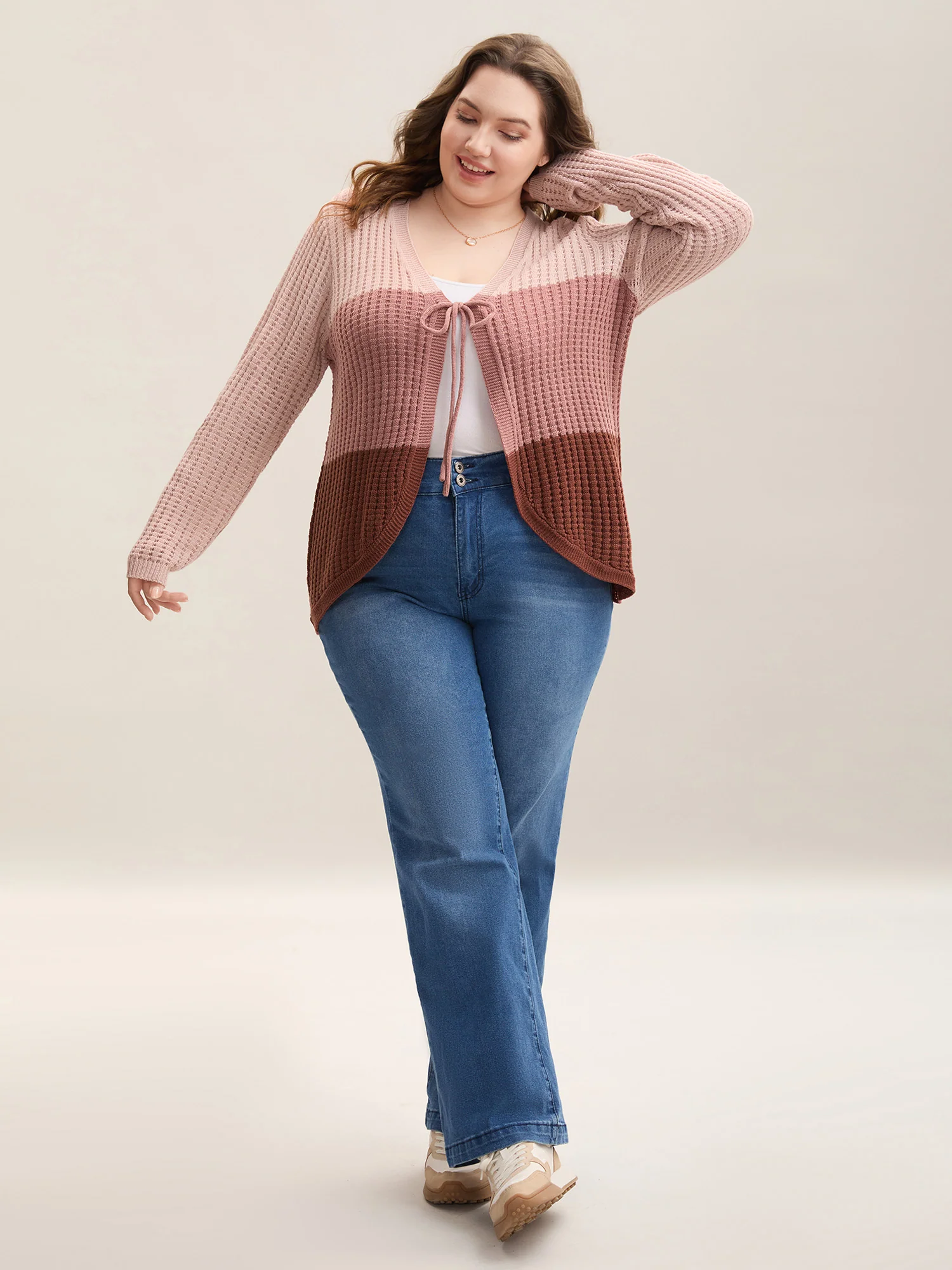 Arc Hem Color Block Tie Front Cardigan - Image 3