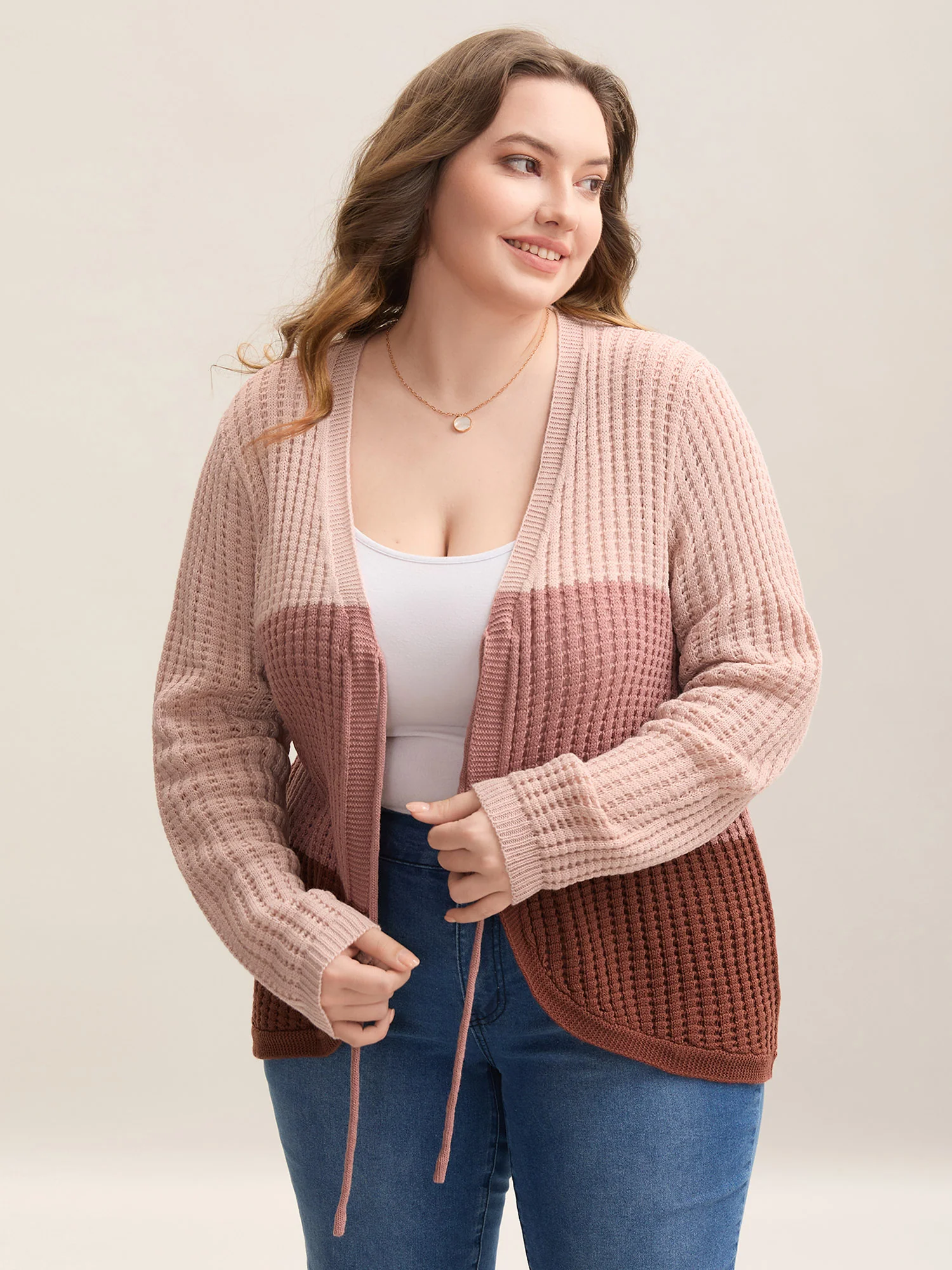 Arc Hem Color Block Tie Front Cardigan - Image 5