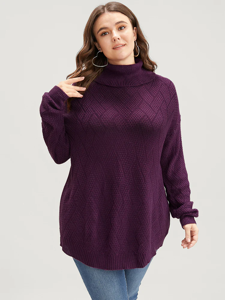 Argyle Print Pointelle Knit Funnel Neck Arc Hem Knit Top - Image 2