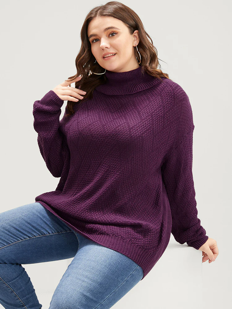 Argyle Print Pointelle Knit Funnel Neck Arc Hem Knit Top - Image 3