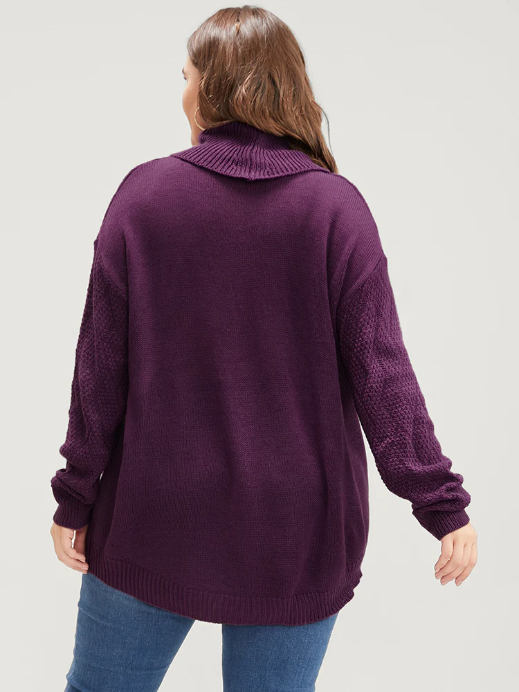 Argyle Print Pointelle Knit Funnel Neck Arc Hem Knit Top - Image 4