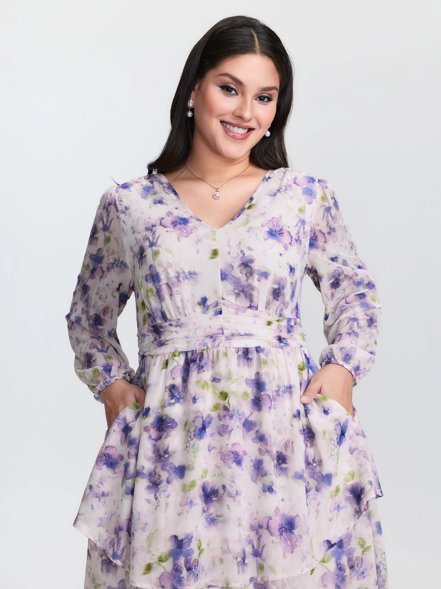 Artistic Floral Print Pleated Waist Mini Dress - Image 2