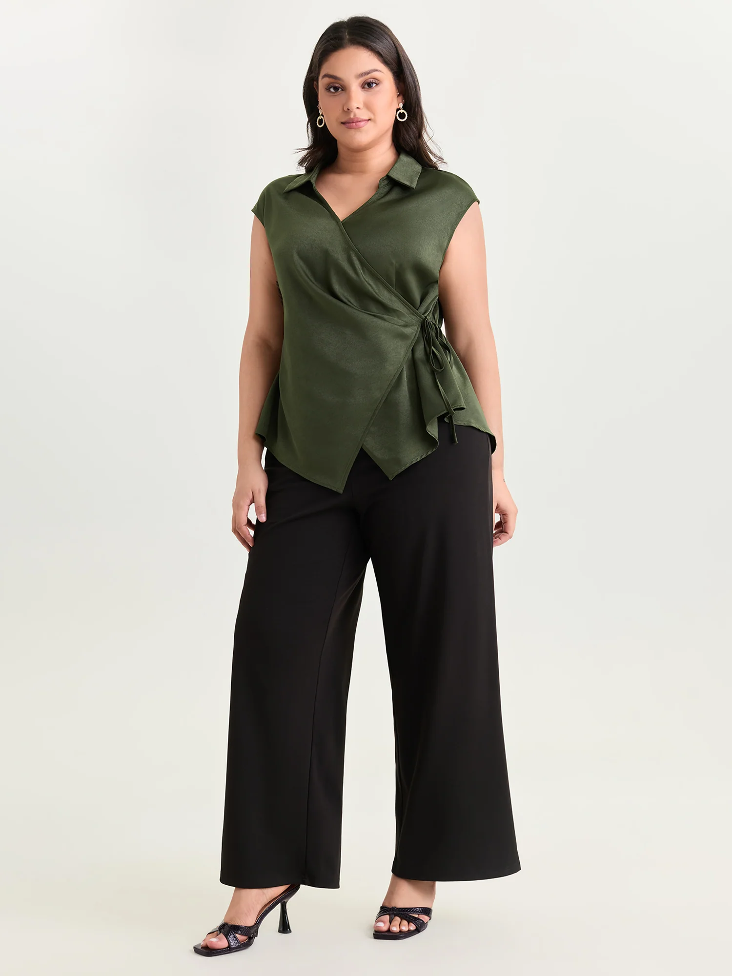 Asymmetric Hem Collared Wrap Blouse - Image 3