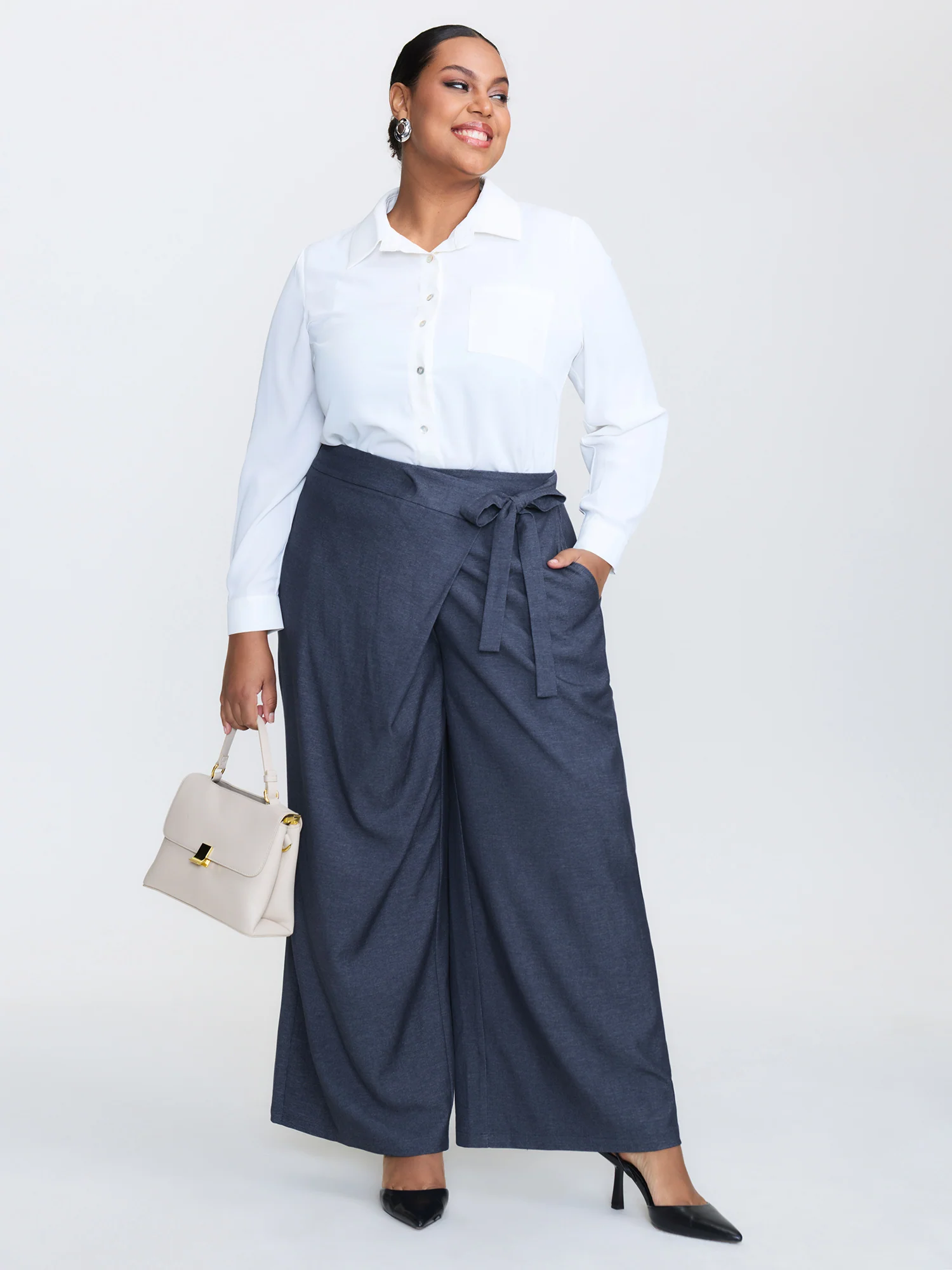 Asymmetrical Belted Denim-Like Pants - Image 2