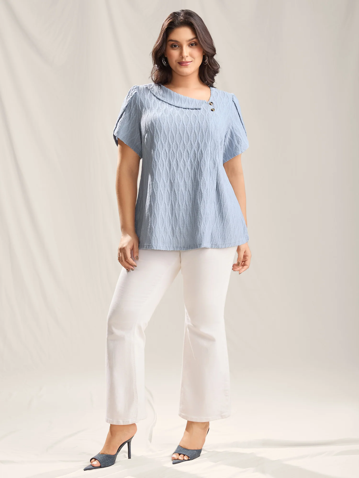 Asymmetrical Collar Textured Plain Blouse - Image 3