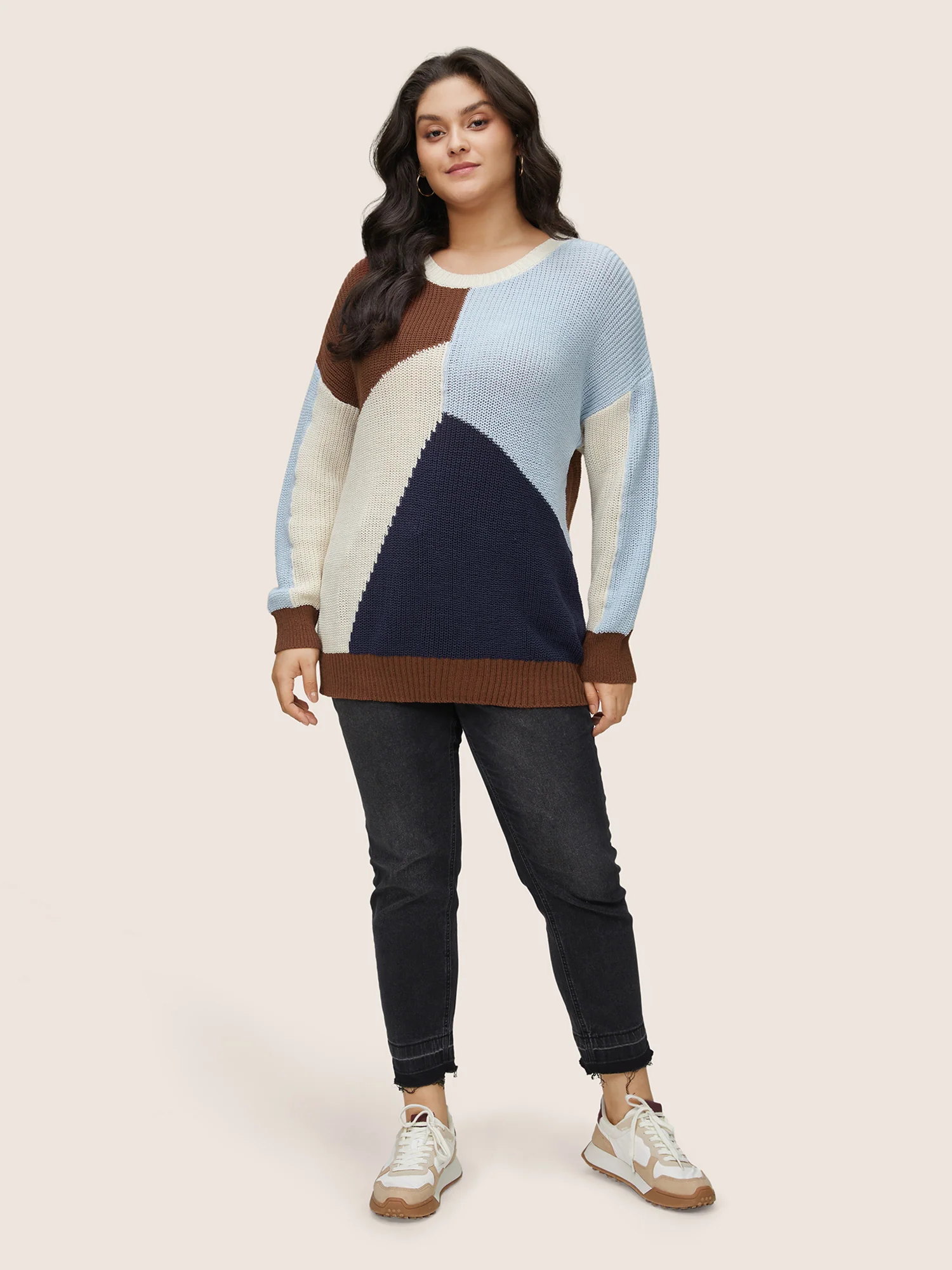 Asymmetrical Colorblock Contrast Drop Shoulder Pullover - Image 3
