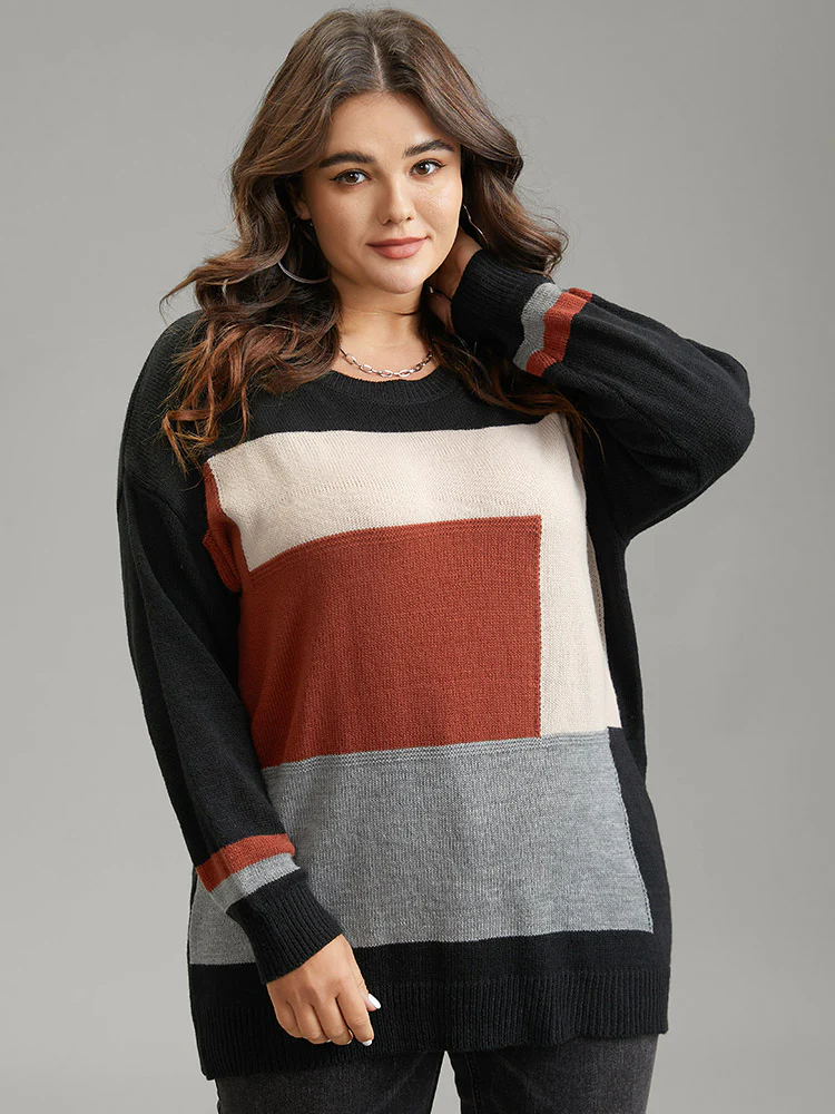 Asymmetrical Colorblock Contrast Drop Shoulder Pullover