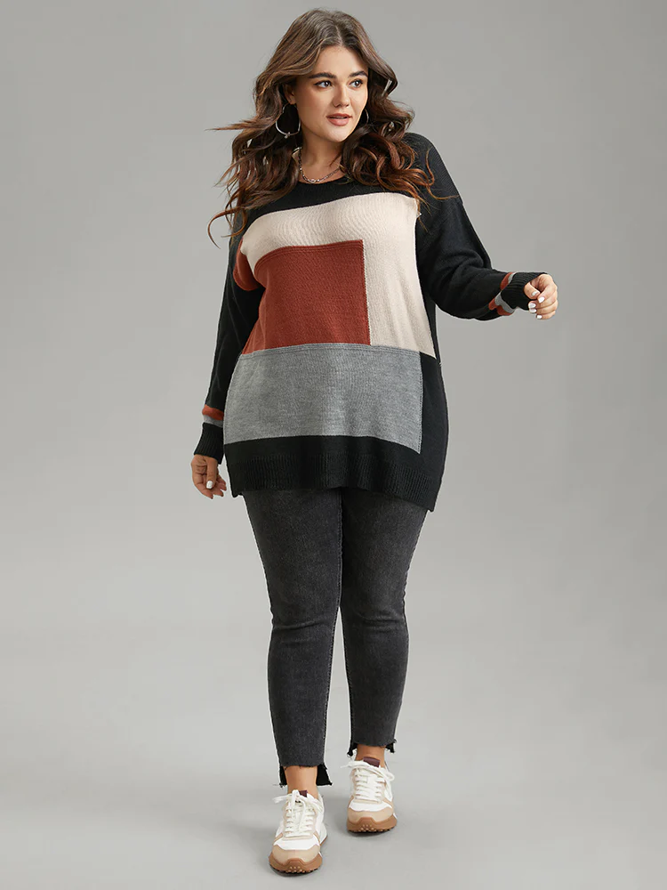 Asymmetrical Colorblock Contrast Drop Shoulder Pullover - Image 4
