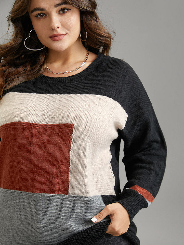 Asymmetrical Colorblock Contrast Drop Shoulder Pullover - Image 5