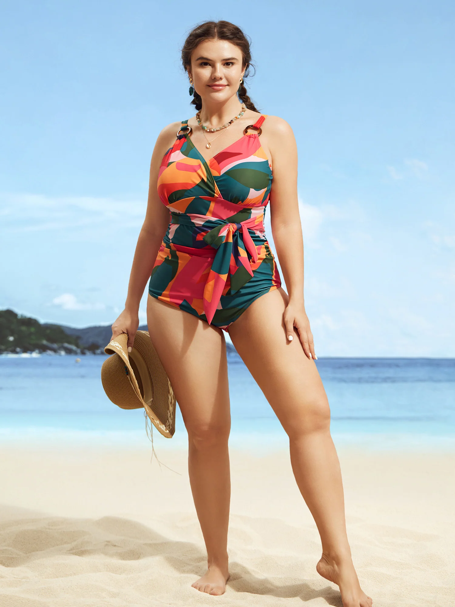 Asymmetrical Colorblock Contrast Ties One Piece Swimsuit - Image 3