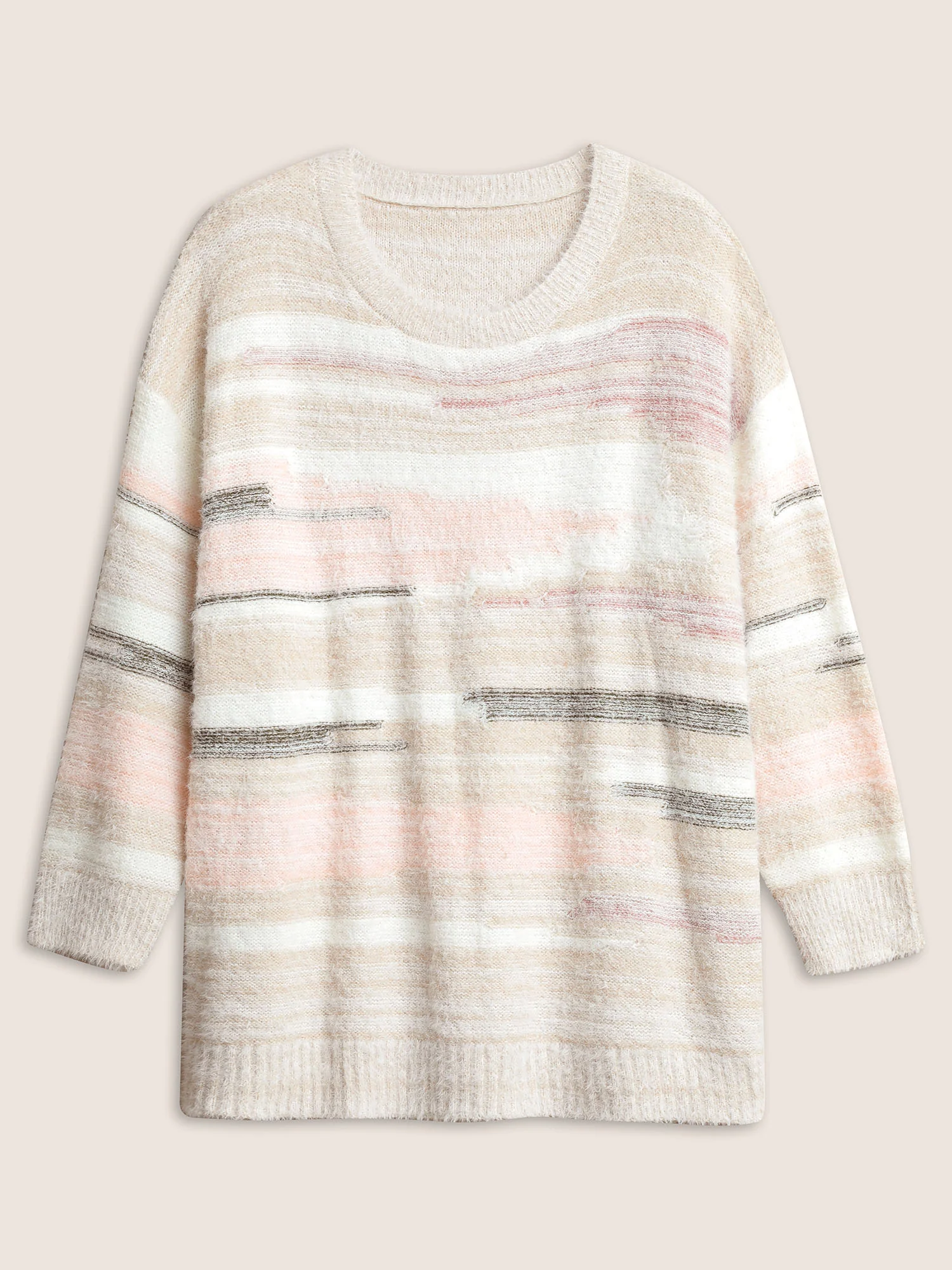 Asymmetrical Colorblock Crew Neck Fluffy Pullover - Image 6