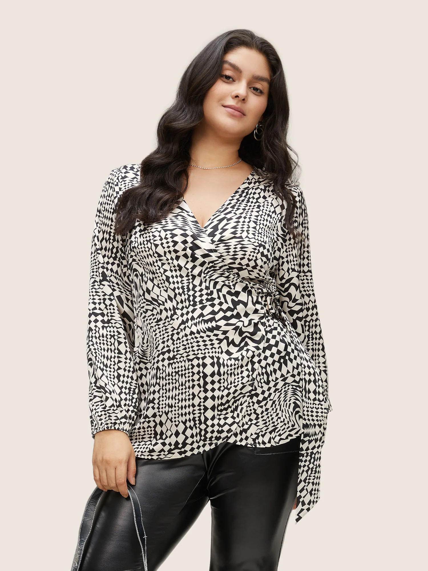Asymmetrical Geometric Wrap Button Detail Blouse - Image 3