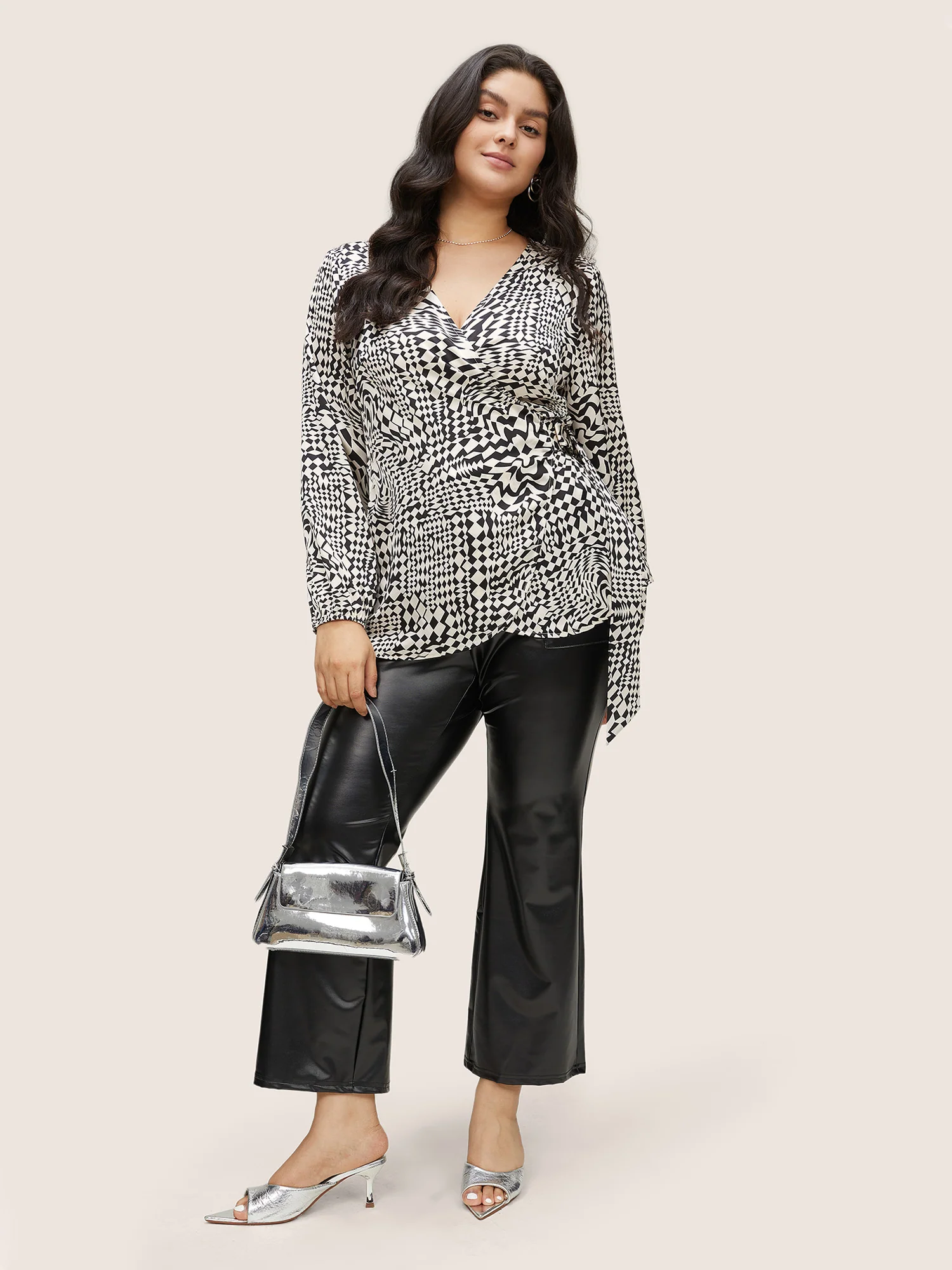 Asymmetrical Geometric Wrap Button Detail Blouse - Image 4