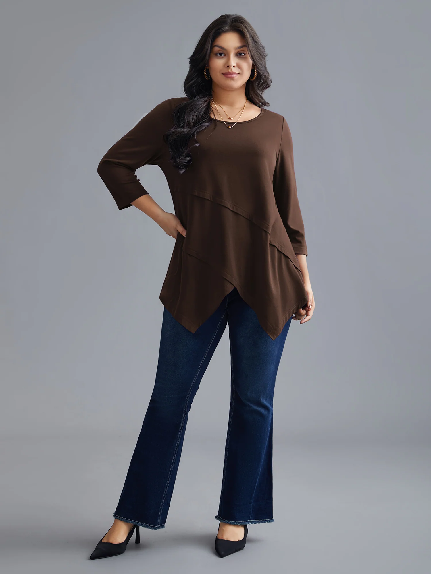 Asymmetrical Hem Overlap Long T-shirt - Image 10
