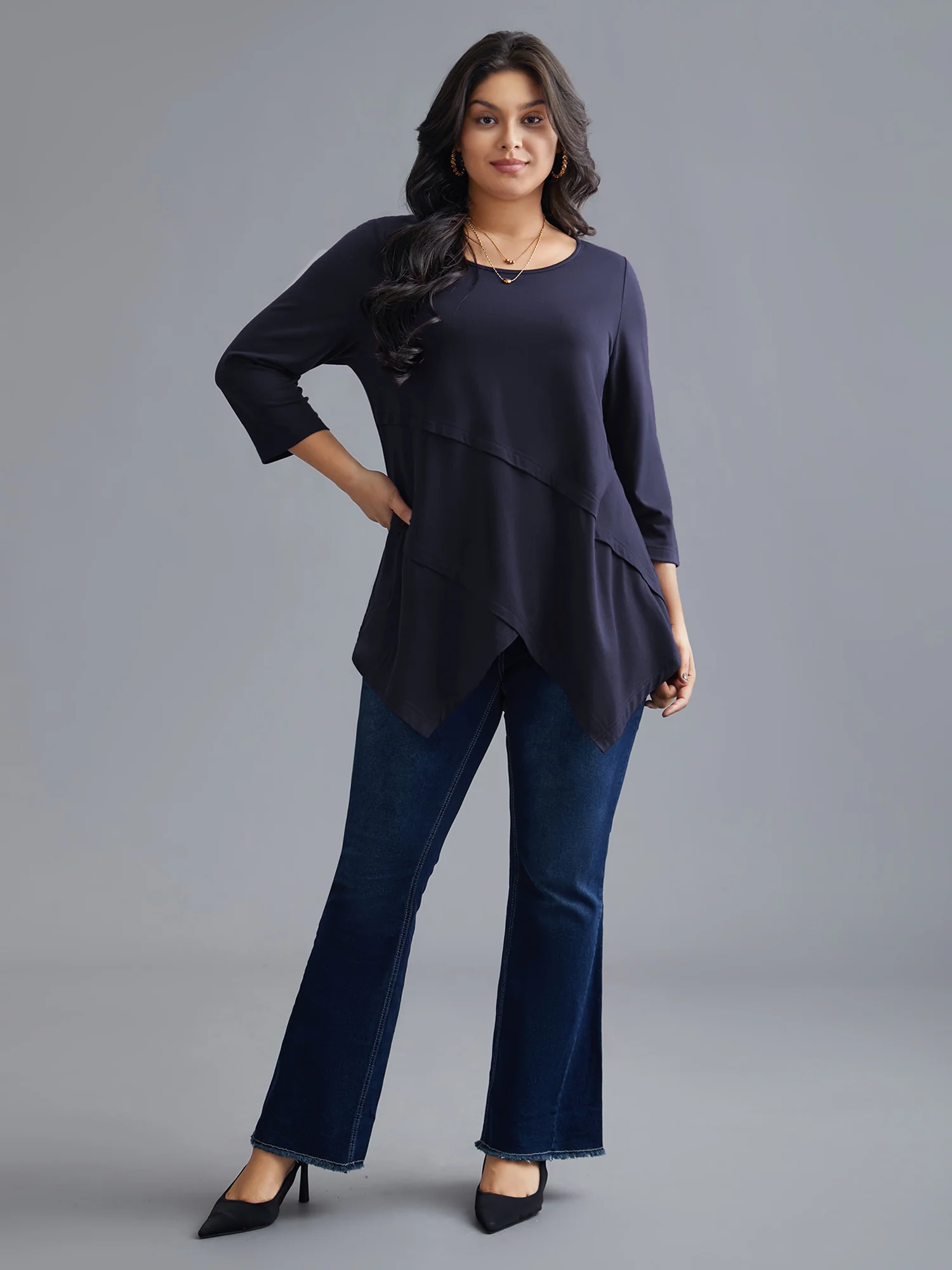 Asymmetrical Hem Overlap Long T-shirt - Image 15