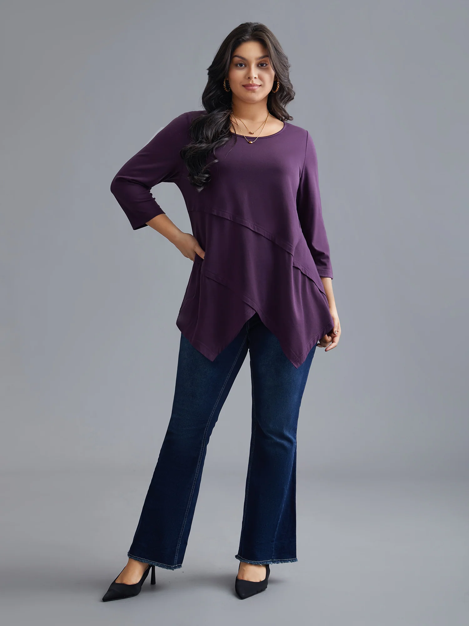Asymmetrical Hem Overlap Long T-shirt - Image 3