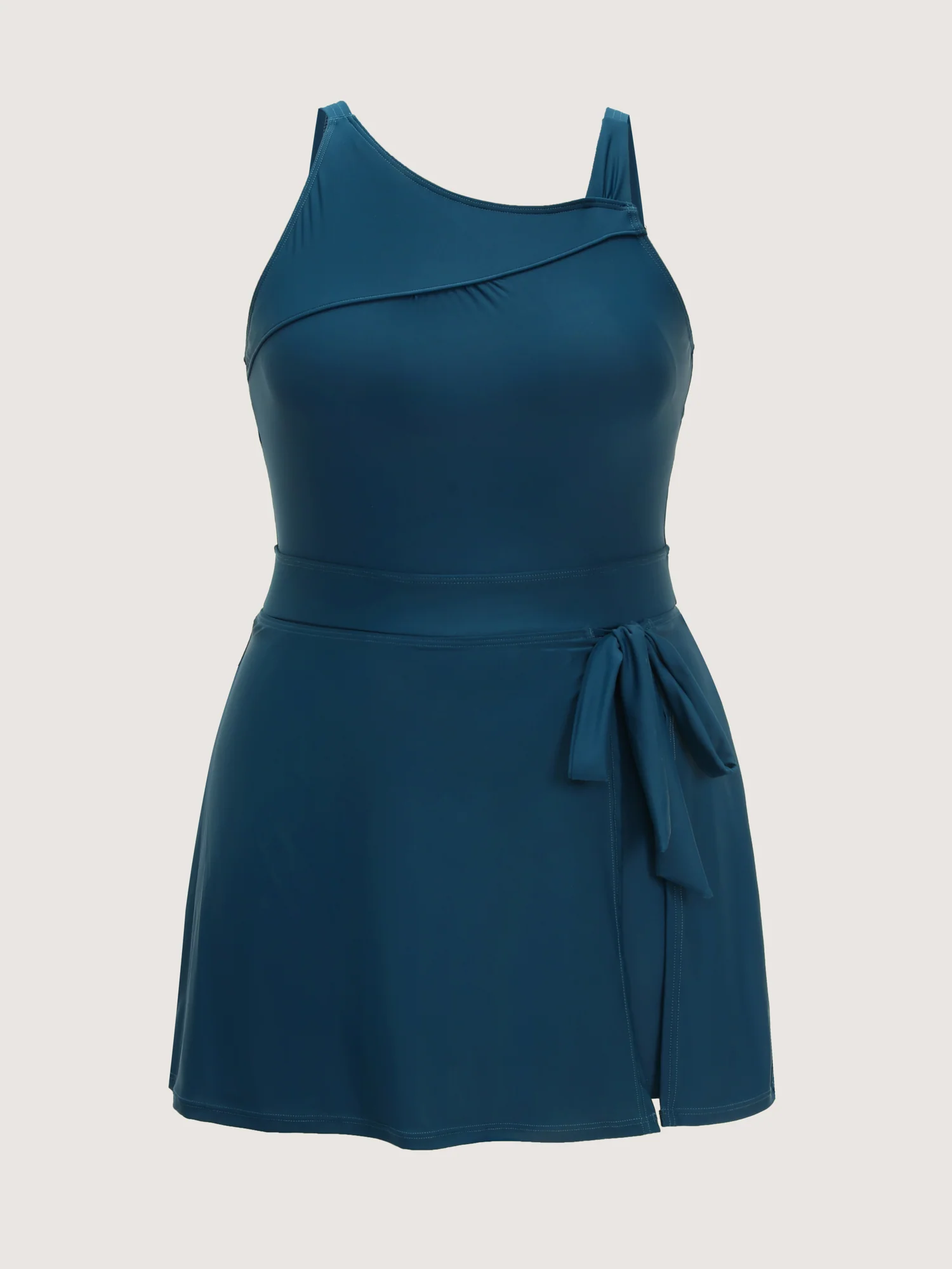 Asymmetrical High Neckline Knotted Swim Dress - Image 8