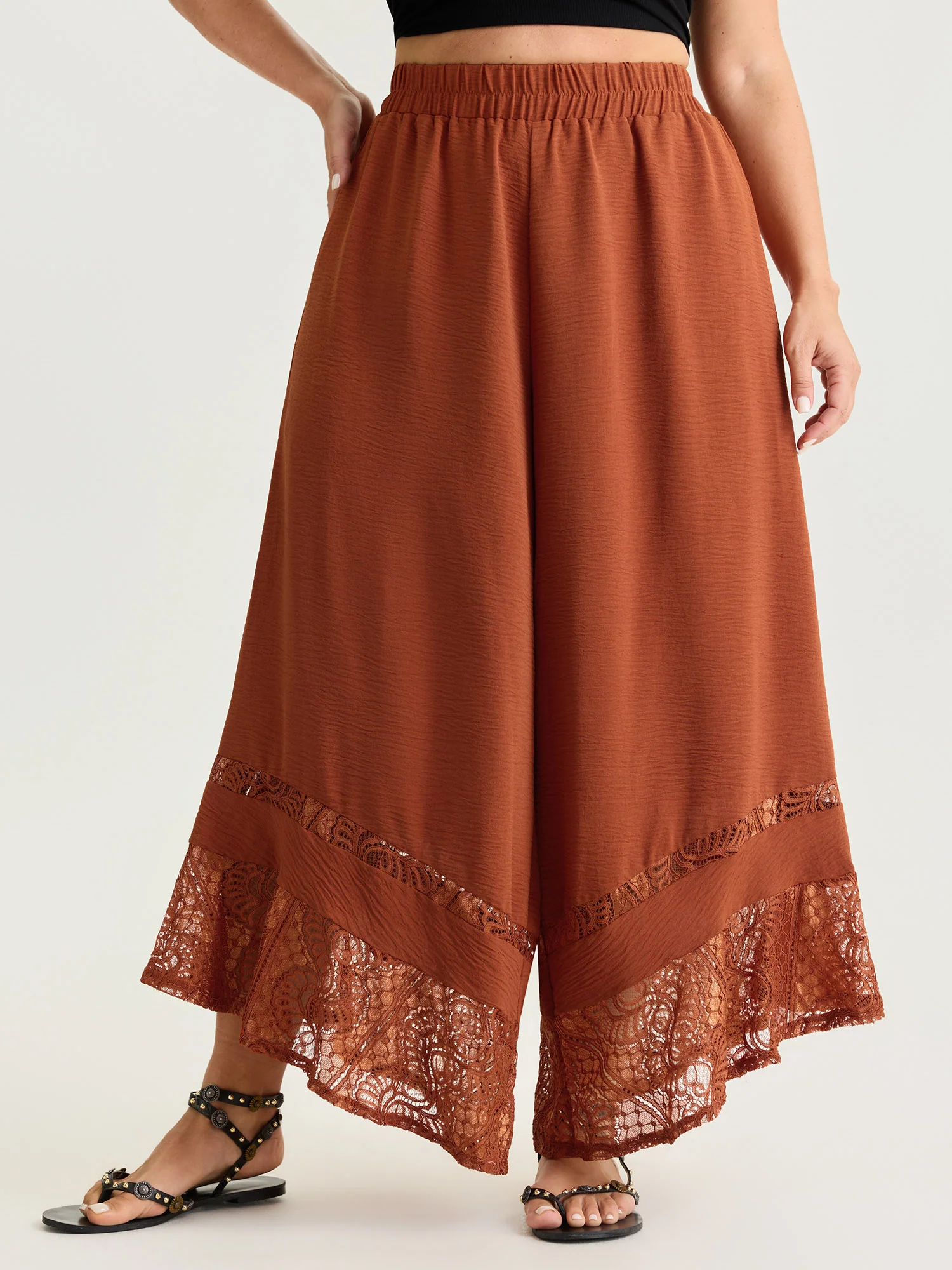 Asymmetrical Lace Hem Pockets Pants - Image 2