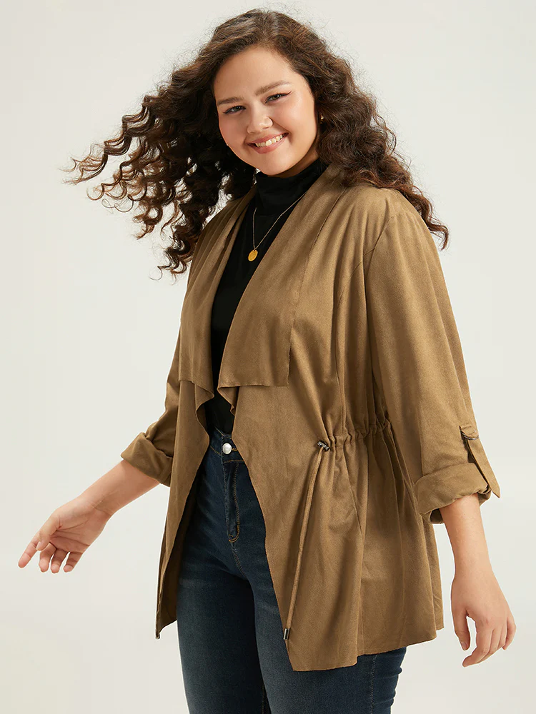 Asymmetrical Neck Drawstring Tab Sleeve Coat - Image 3