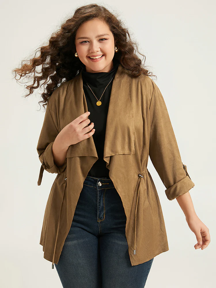 Asymmetrical Neck Drawstring Tab Sleeve Coat - Image 5