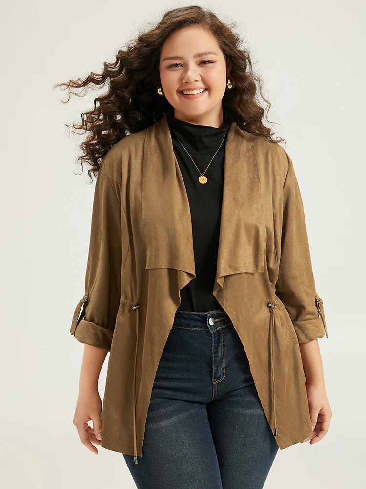 Asymmetrical Neck Drawstring Tab Sleeve Coat - Image 6