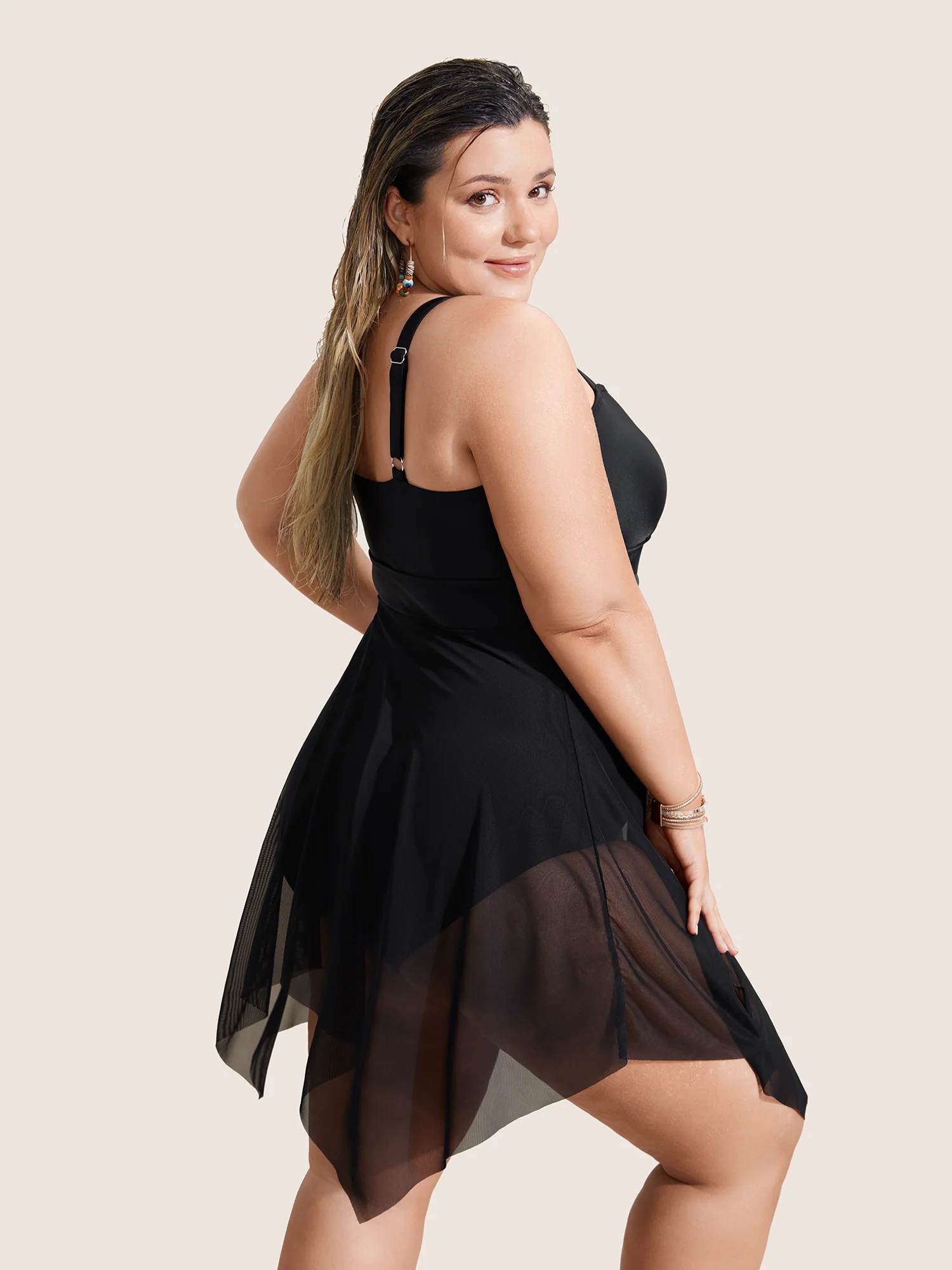Asymmetrical Neck Mesh Patchwork Swim Dress - Image 2