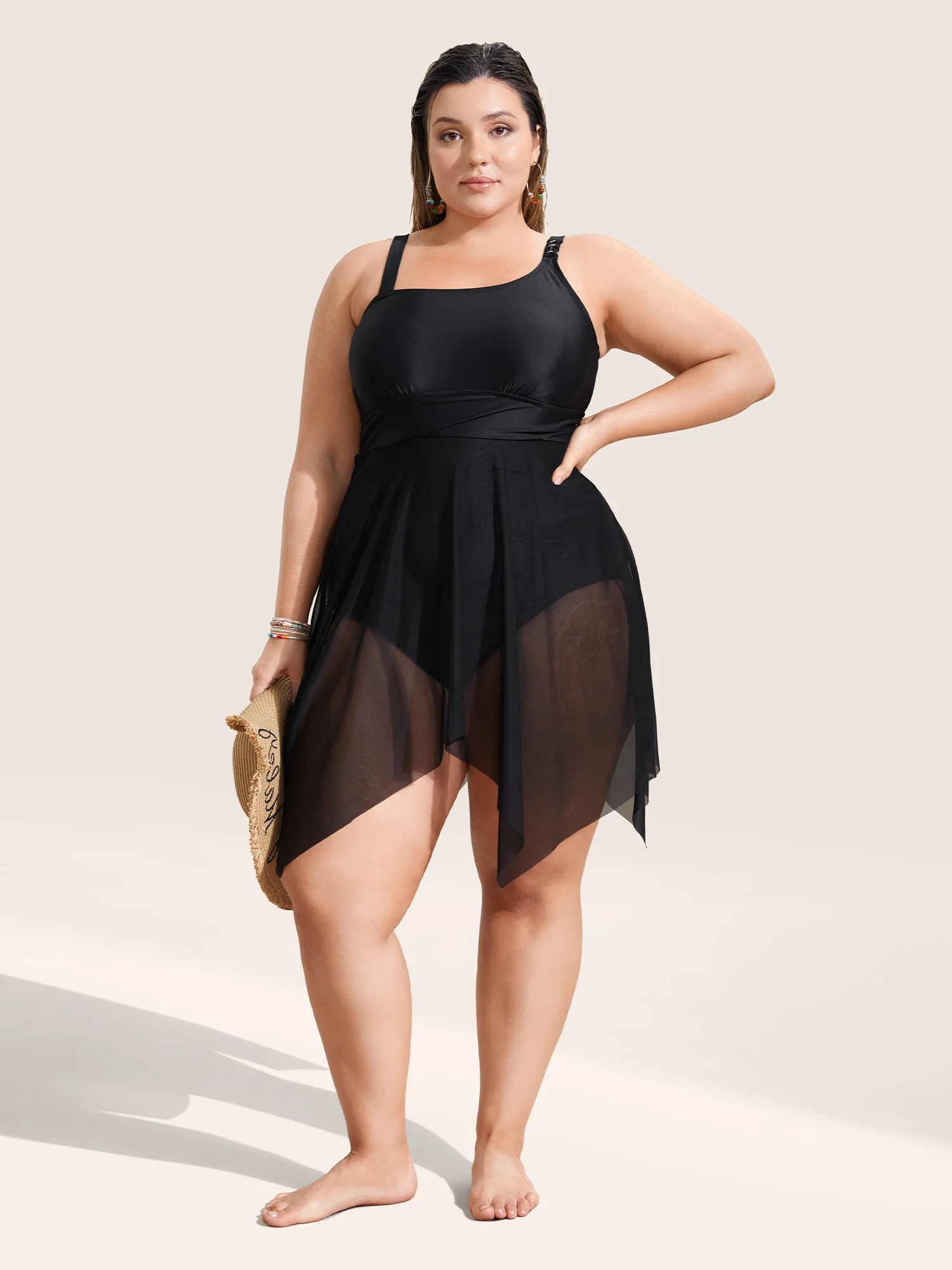 Asymmetrical Neck Mesh Patchwork Swim Dress - Image 3