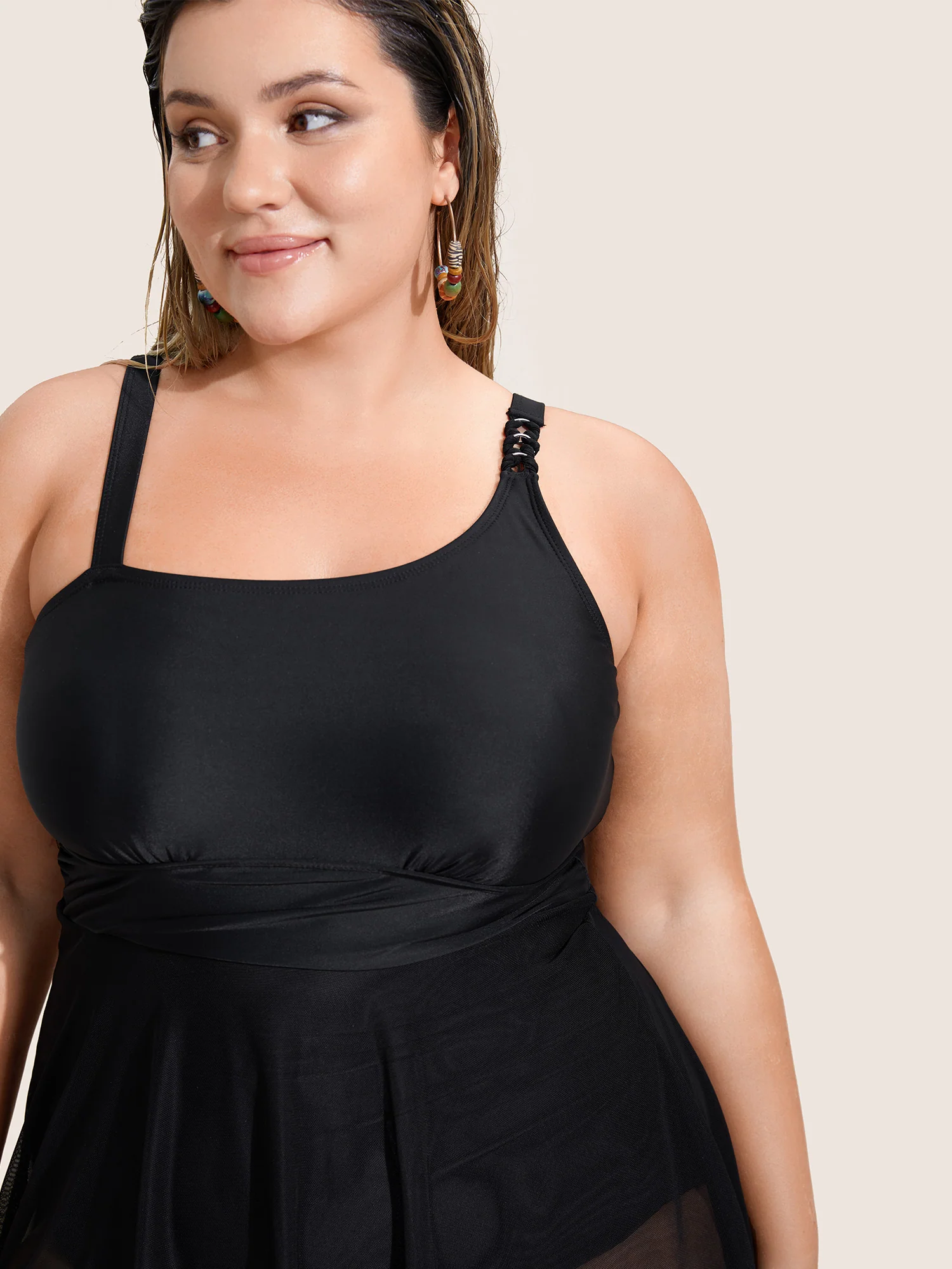 Asymmetrical Neck Mesh Patchwork Swim Dress - Image 4