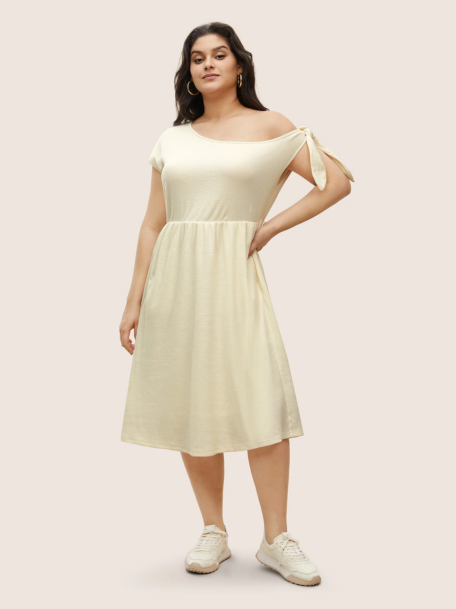 Asymmetrical Neck Waffle Knit Tie Knot Dress - Image 2