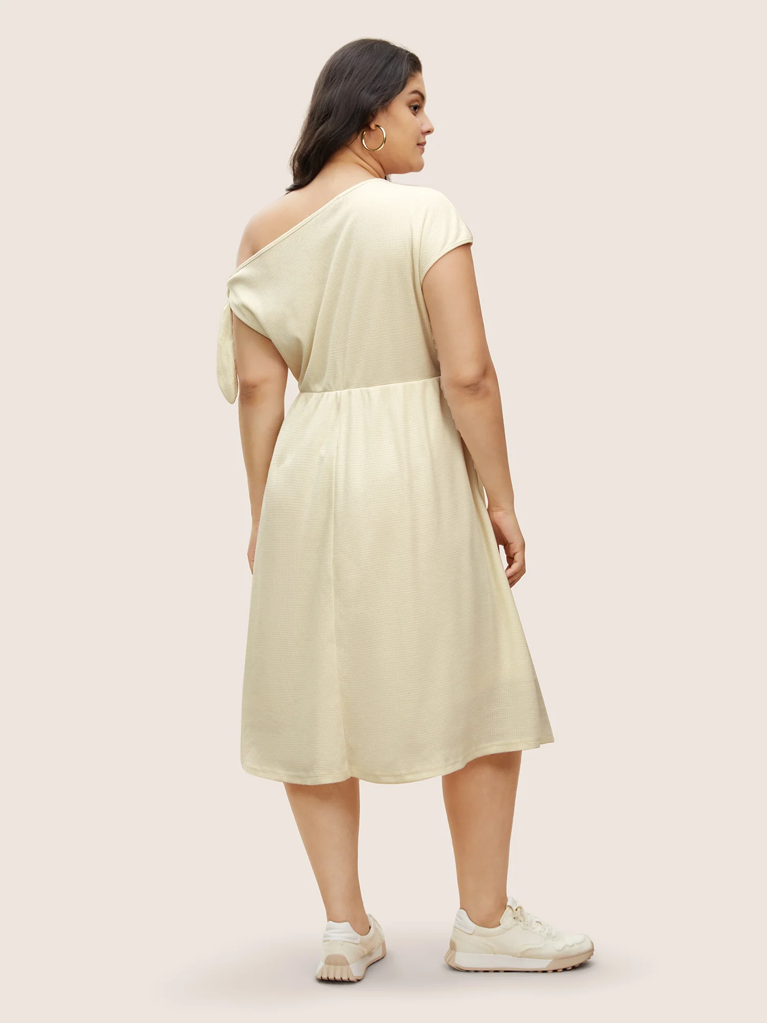 Asymmetrical Neck Waffle Knit Tie Knot Dress - Image 3