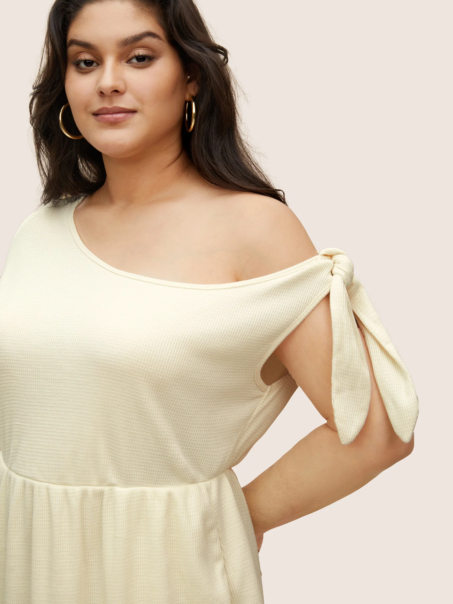 Asymmetrical Neck Waffle Knit Tie Knot Dress - Image 4