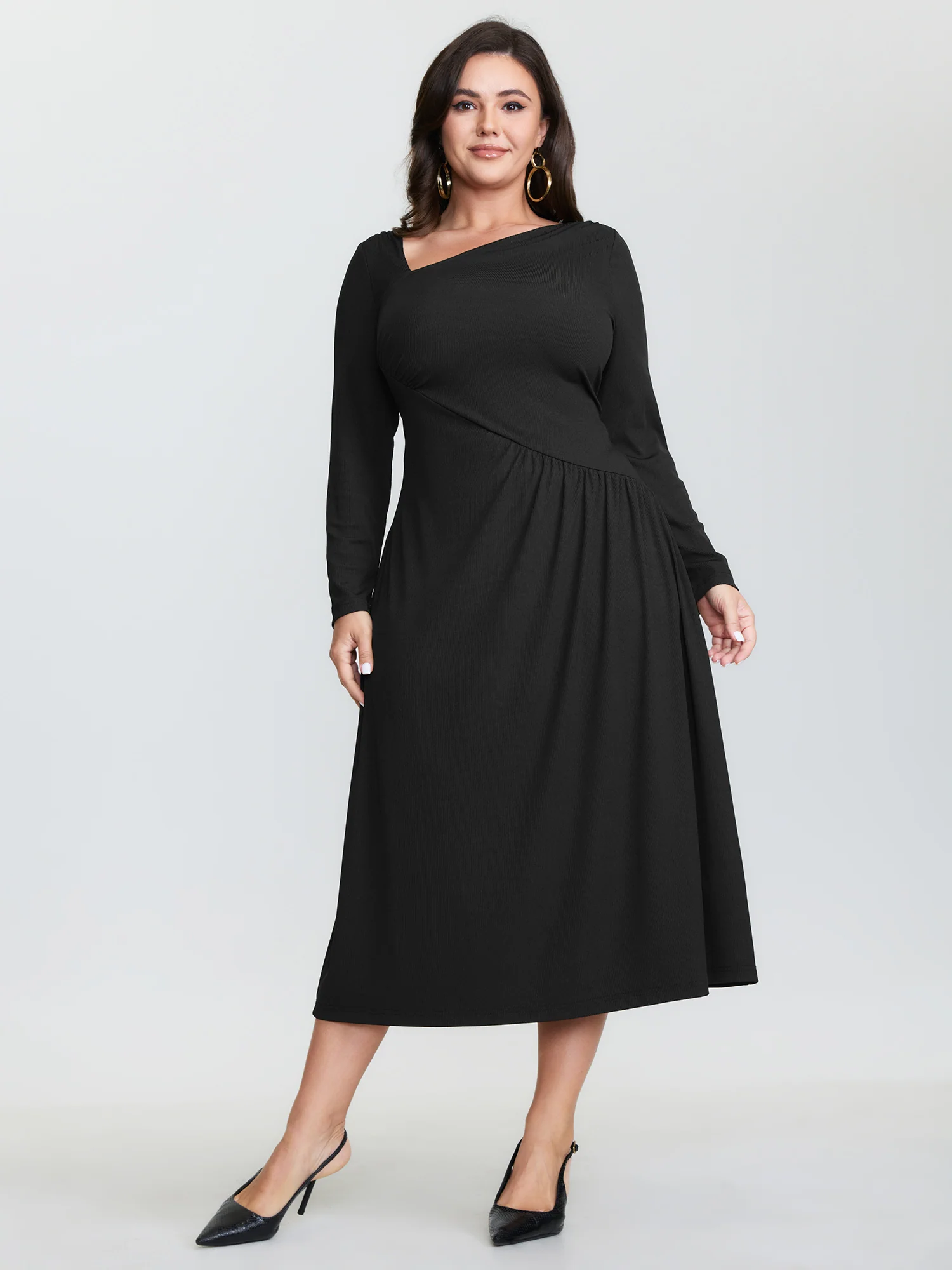 Asymmetrical Neckline Draped Knit Midi Dress - Image 3