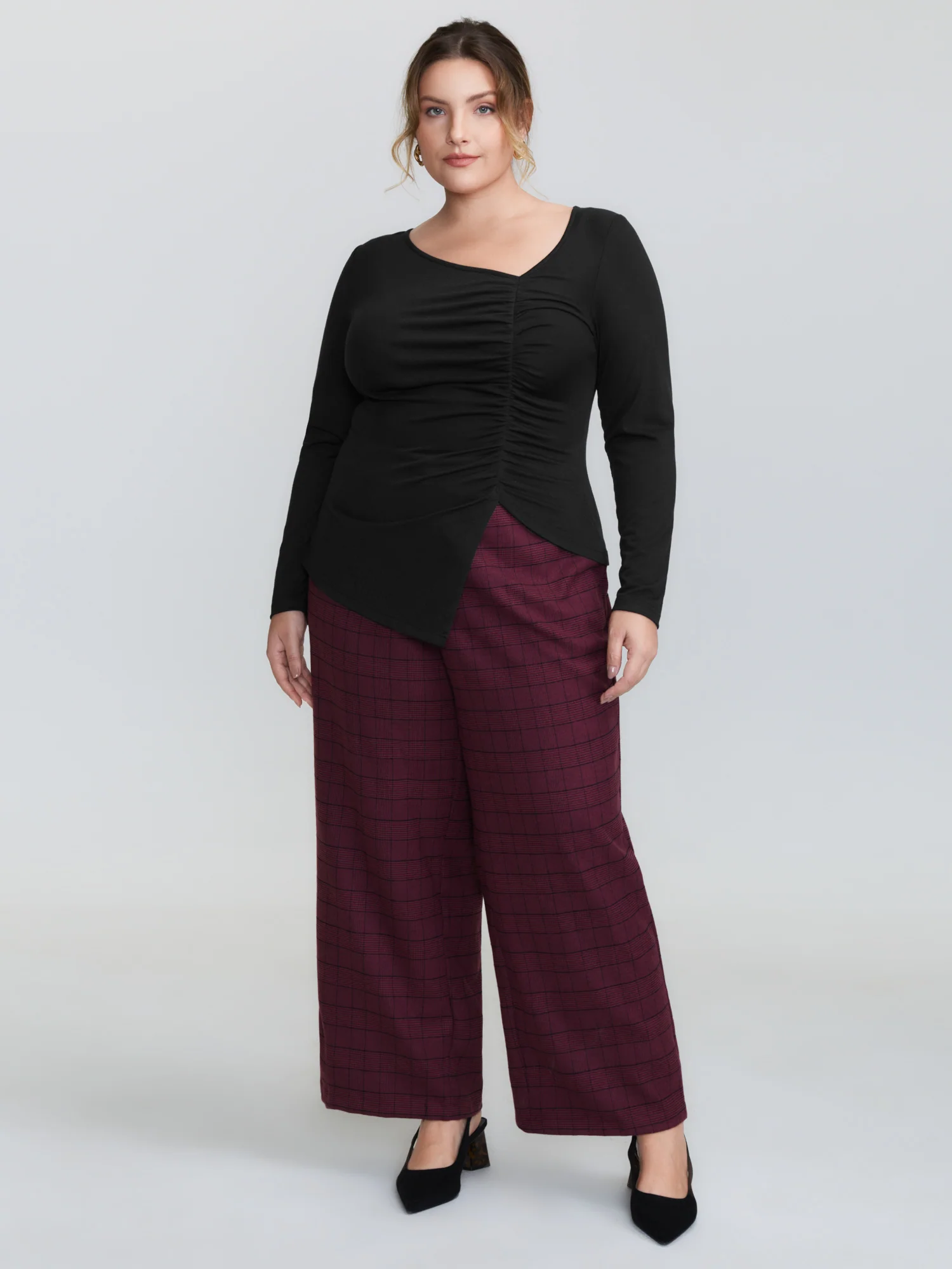 Asymmetrical Neckline Ruched Stretchy Knit Top - Image 3