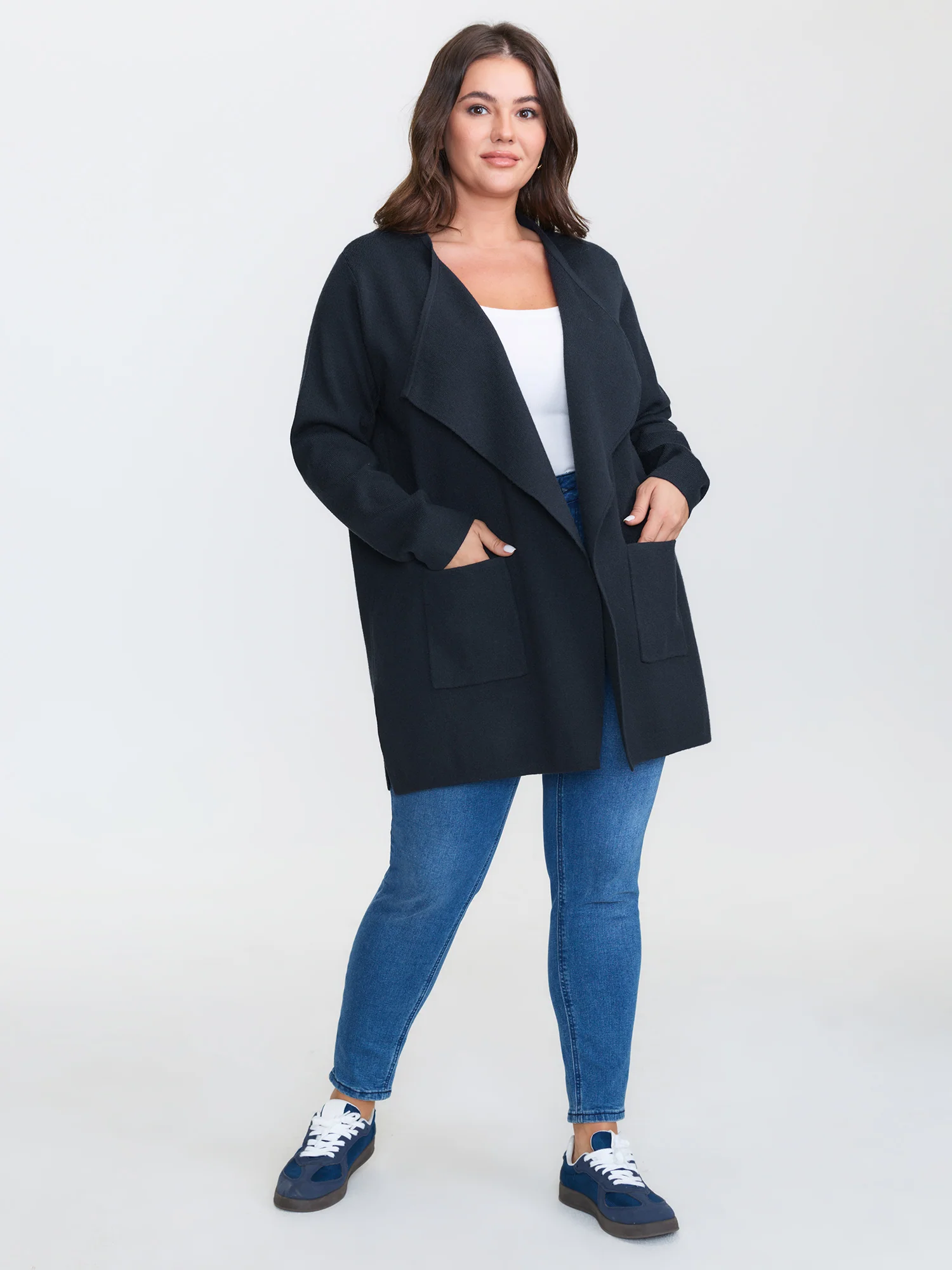 Asymmetrical Notched Lapel Collar Open Cardigan - Image 3