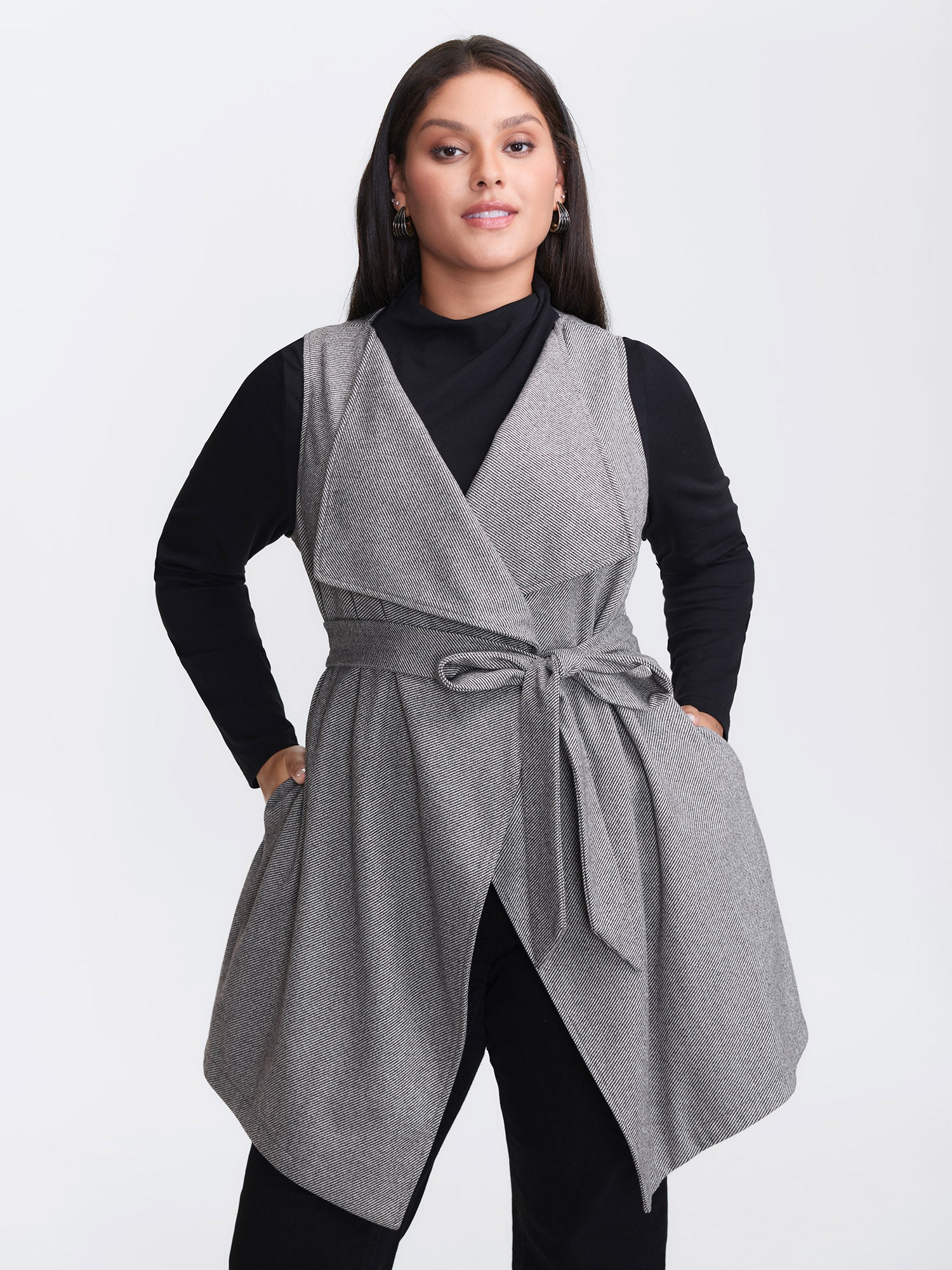 Asymmetrical Placket Belted Long Vest - Image 2