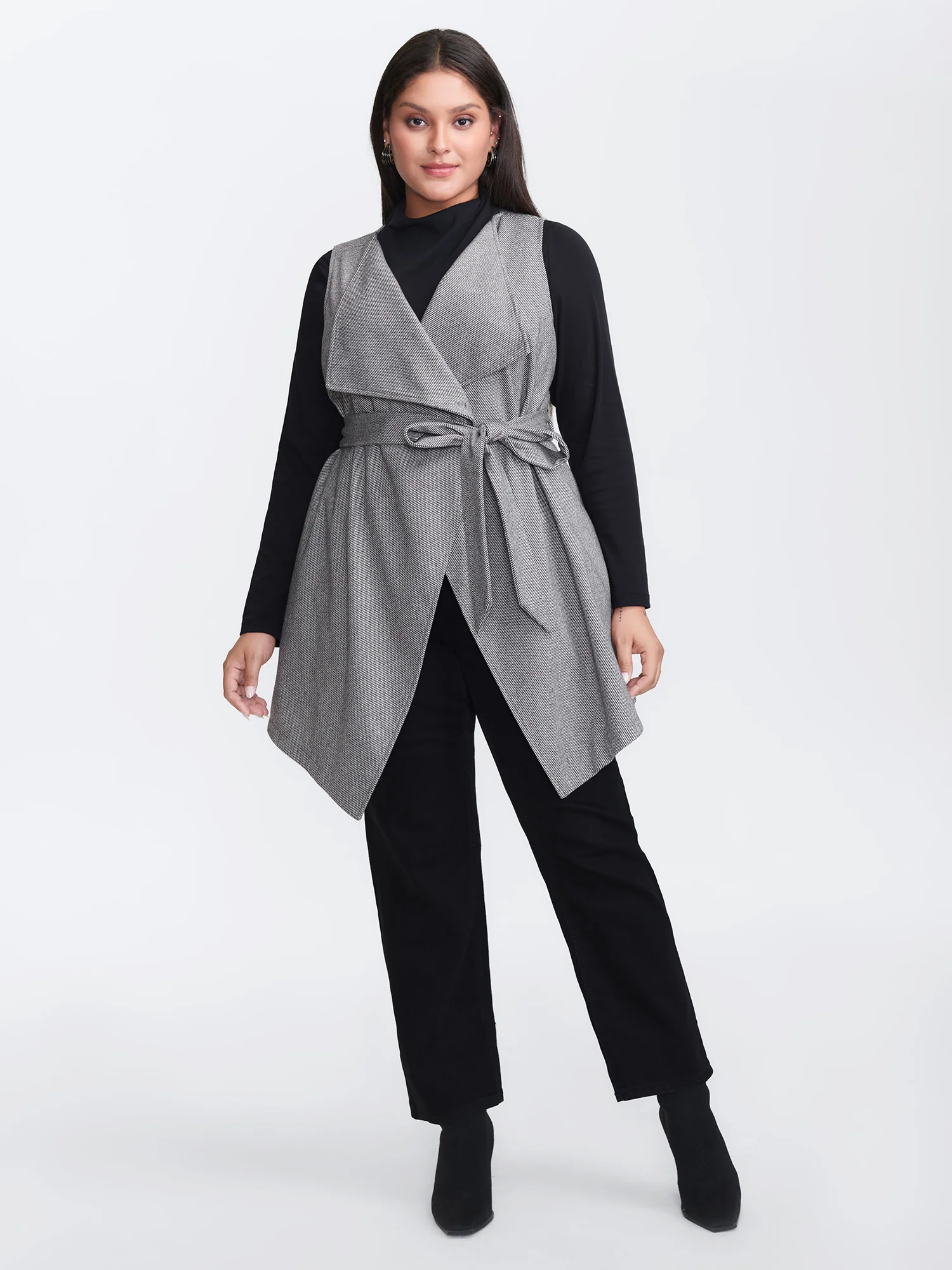 Asymmetrical Placket Belted Long Vest - Image 3