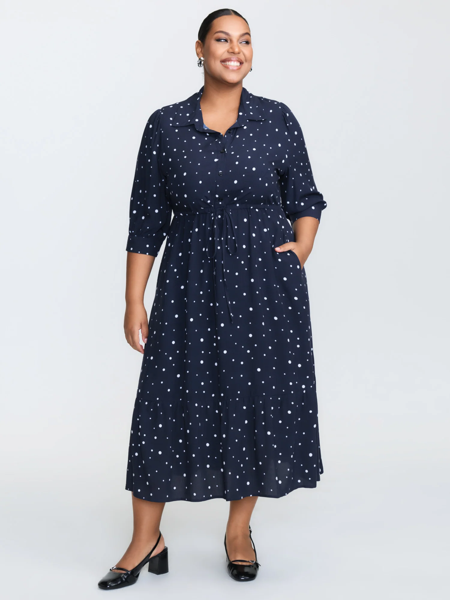 Asymmetrical Polka Dots Drawstring Midi Dress - Image 2