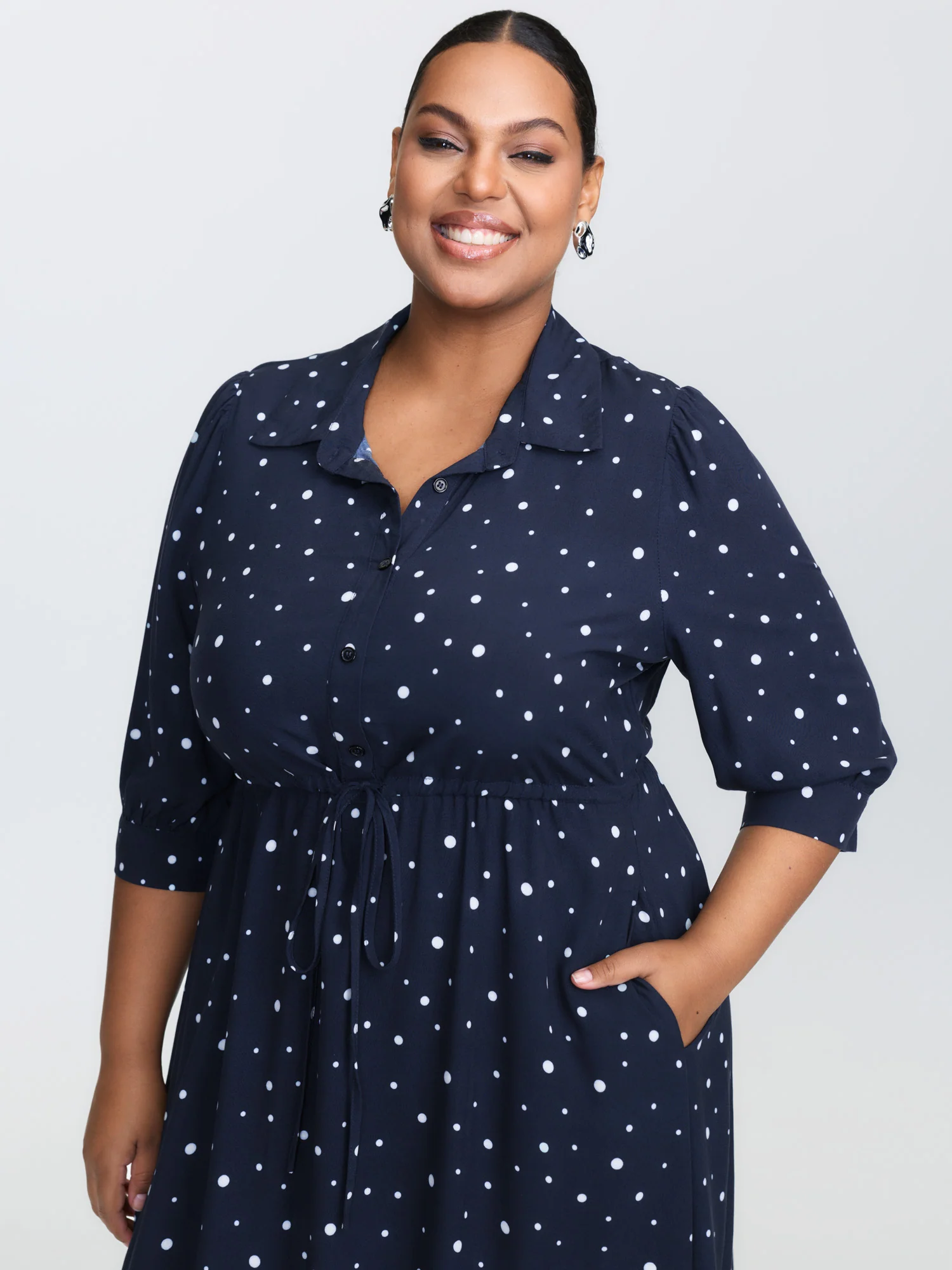 Asymmetrical Polka Dots Drawstring Midi Dress - Image 3