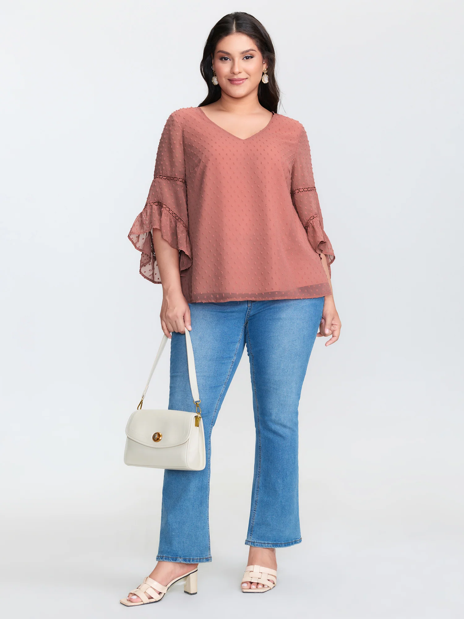 Asymmetrical Ruffled Sleeve Lace Blouse - Image 3