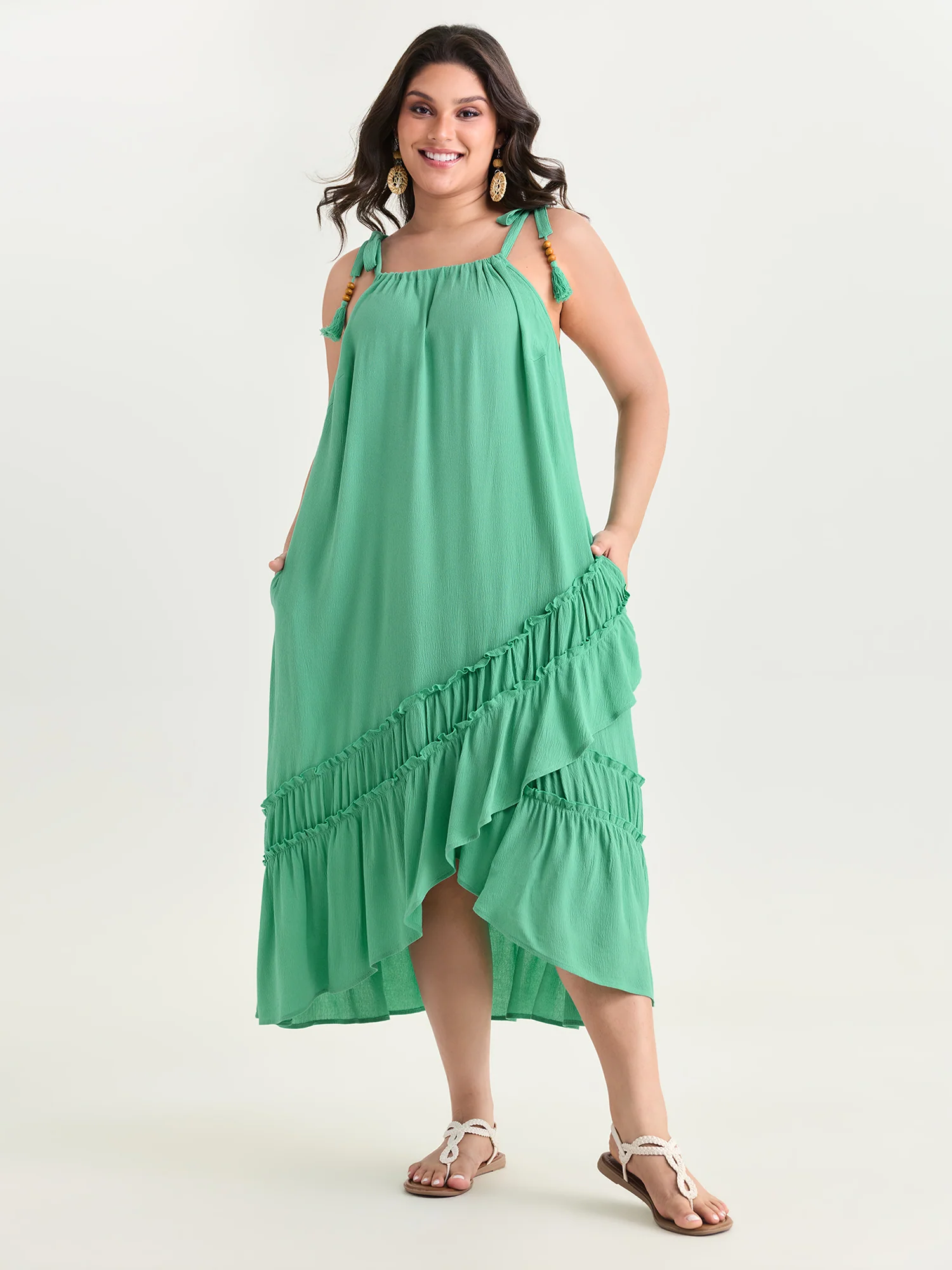 Asymmetrical Ruffled Wrap Hem Midi Dress