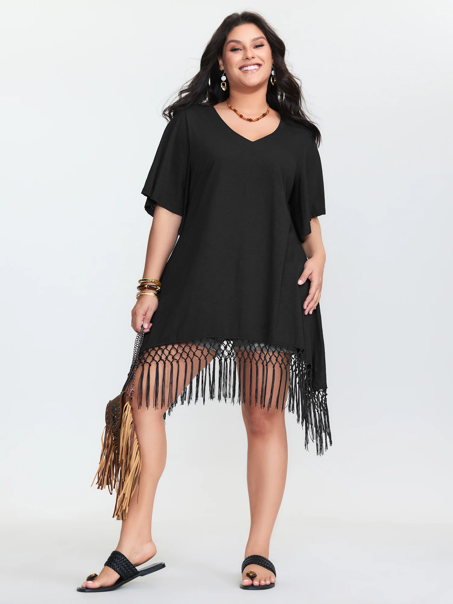 Asymmetrical Tassel Hem Plain Tunic - Image 2