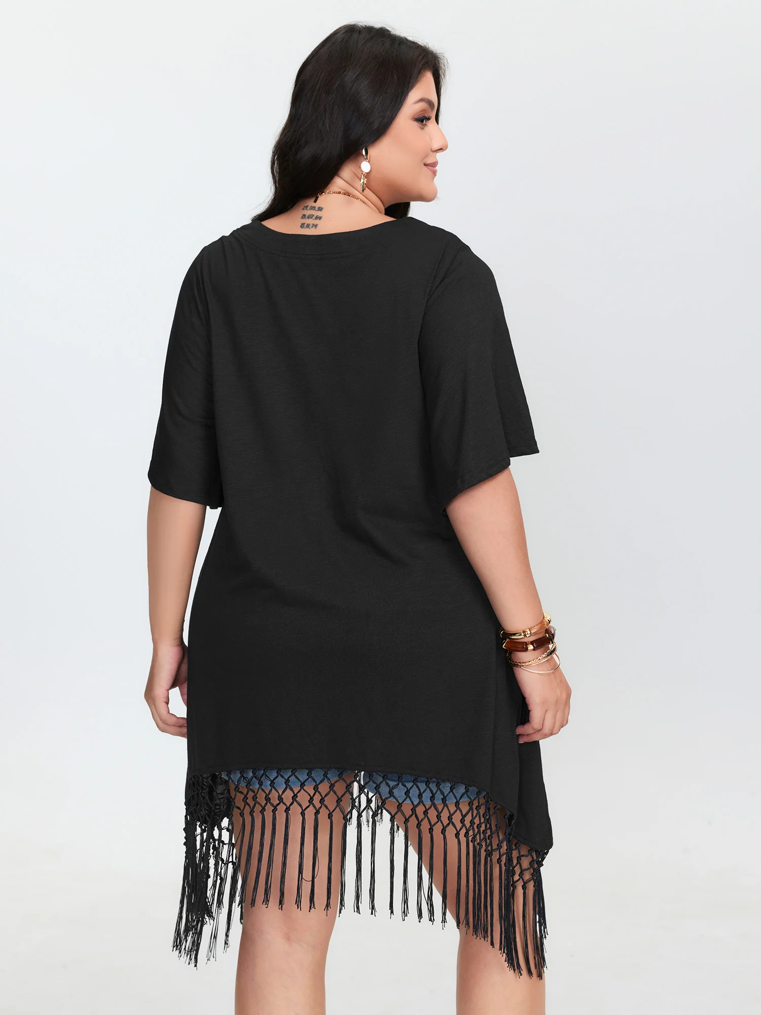 Asymmetrical Tassel Hem Plain Tunic - Image 5