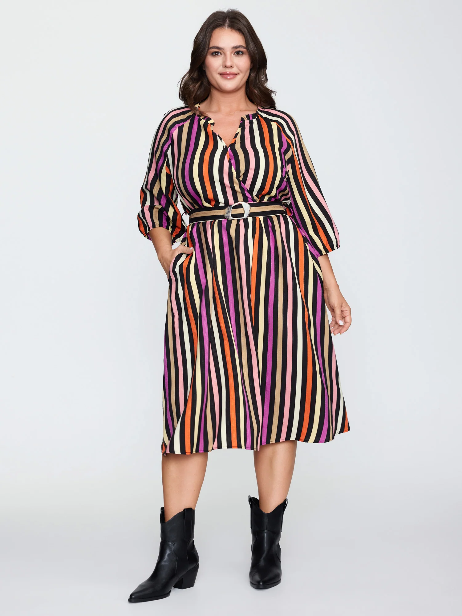 Autumn Stripe Print Belted Waist Midi Dress - Image 3