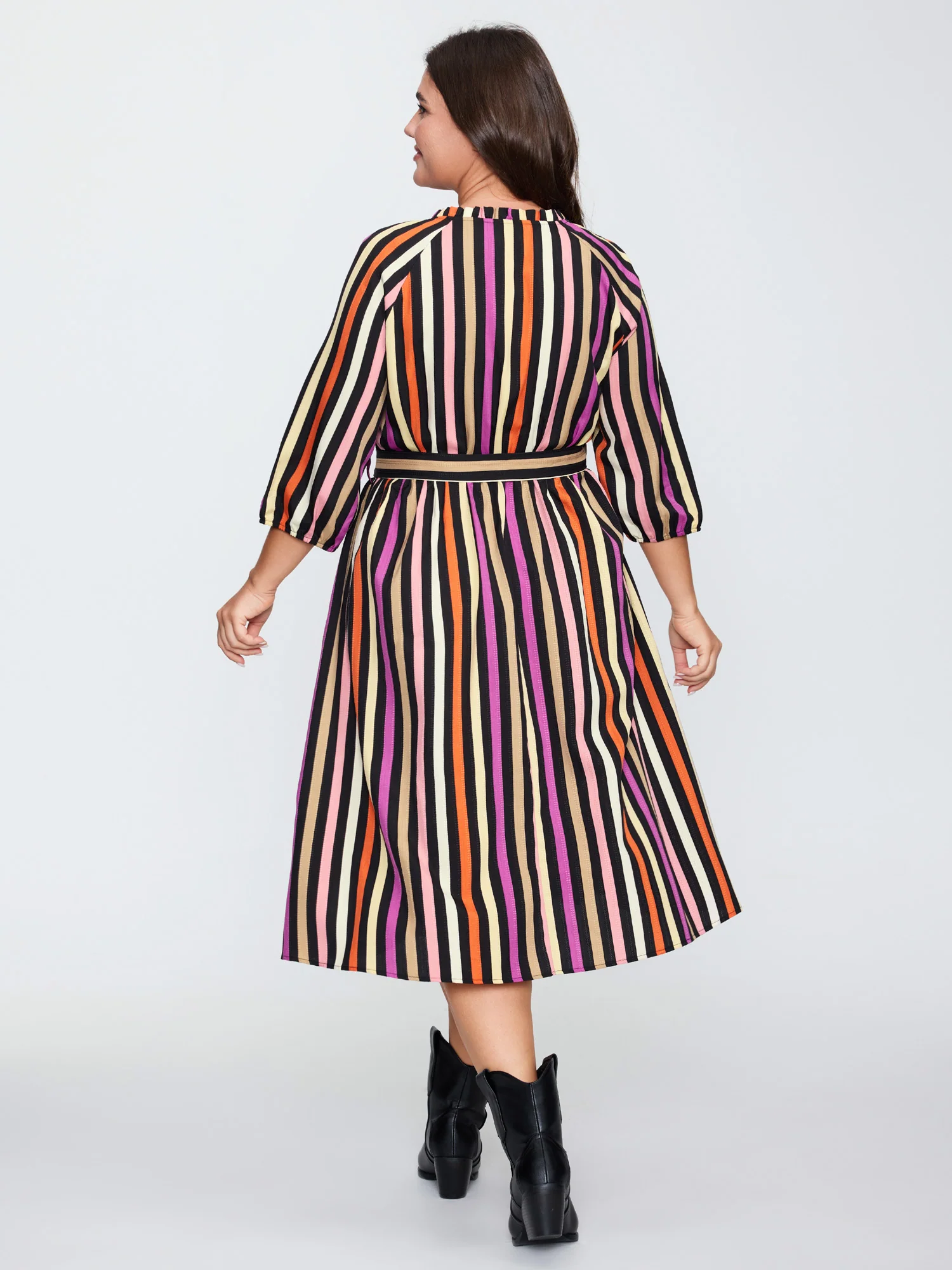 Autumn Stripe Print Belted Waist Midi Dress - Image 4