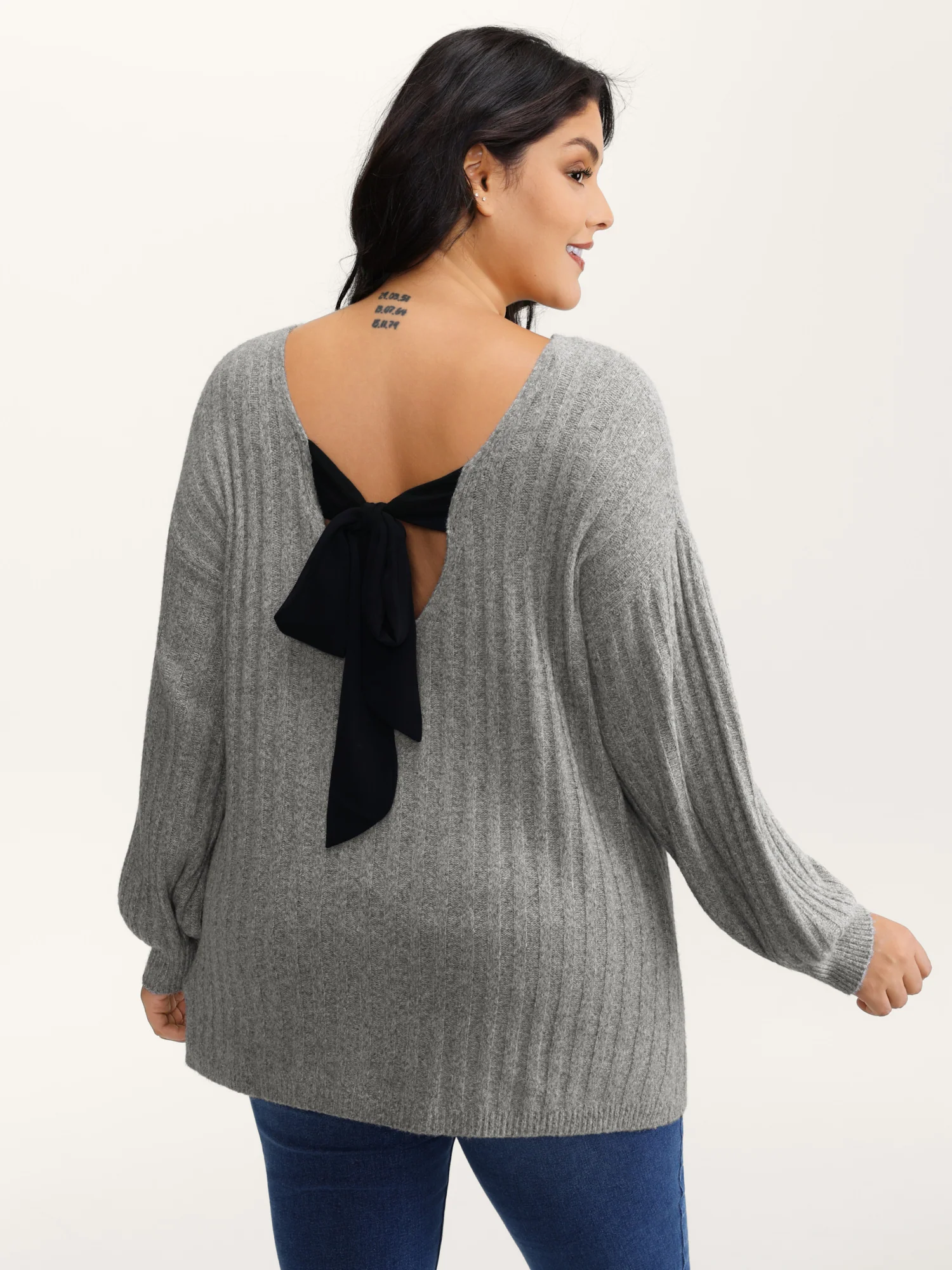 Back Bow-Tie Ribbed Texture Pullover - Image 4