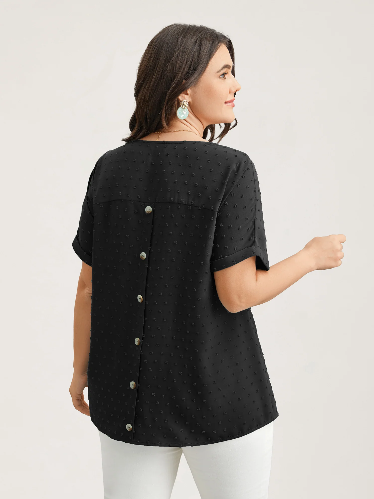 Back-Button Textured V-Neck Shirt - Image 14