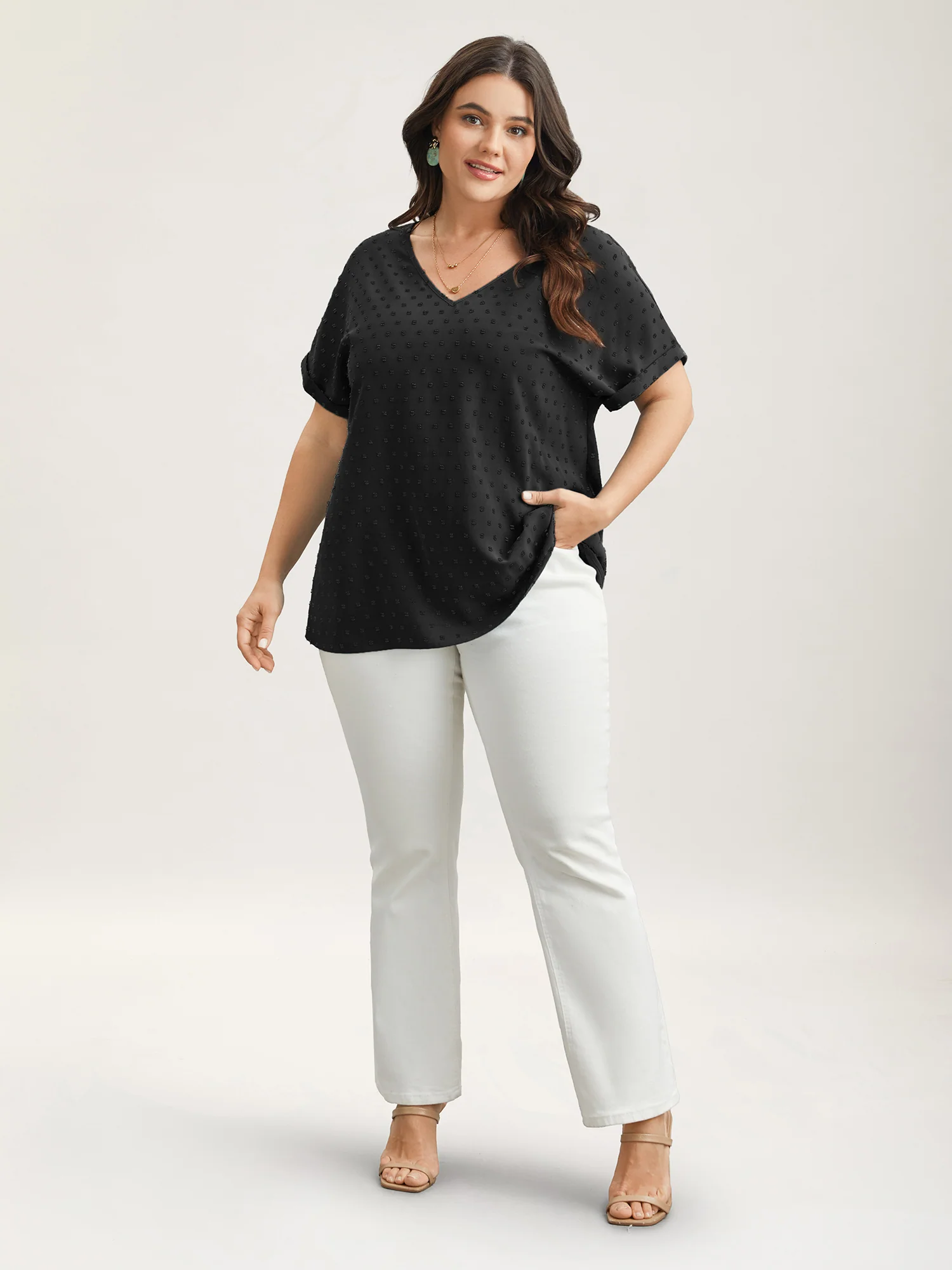 Back-Button Textured V-Neck Shirt - Image 15