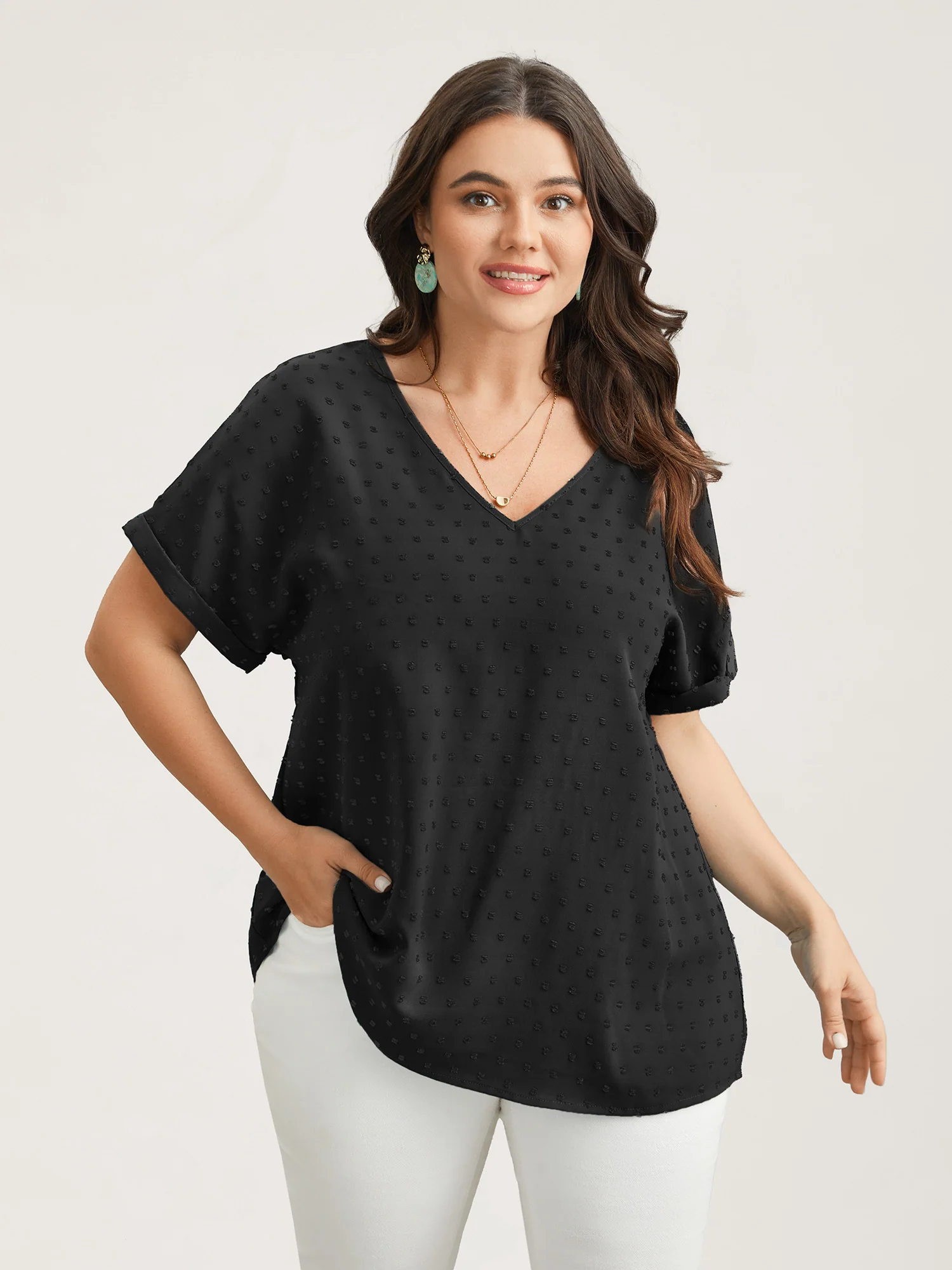 Back-Button Textured V-Neck Shirt - Image 16