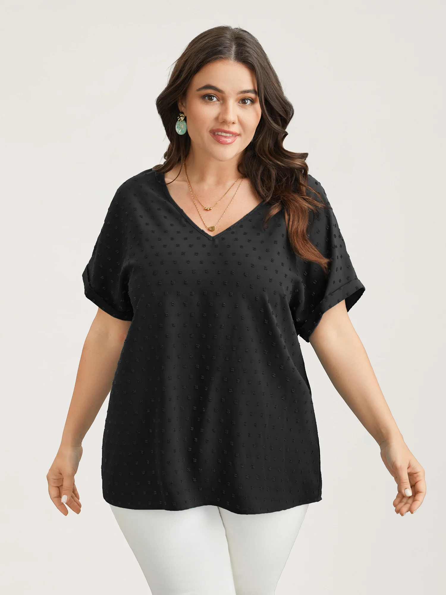 Back-Button Textured V-Neck Shirt - Image 17